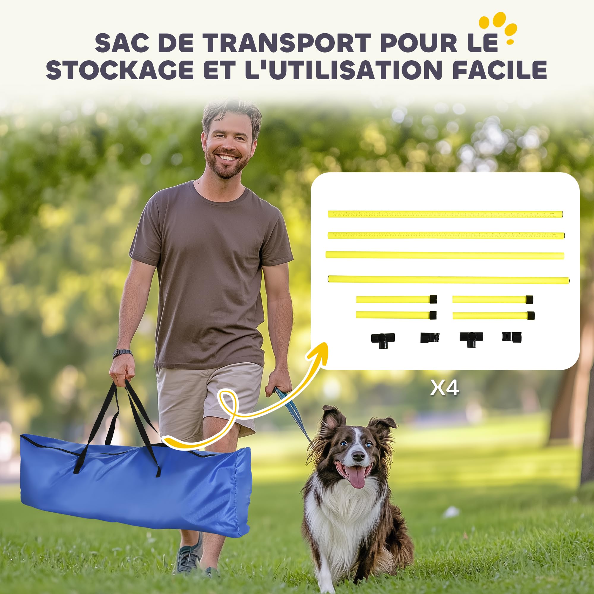 PawHut Agility pour chiens, kit agility chien parcours, set de 4 obstacles professionnels hauteur réglable, système de maintien au sol sac transport parfait pour jeux intéressants, entraînement, jaune