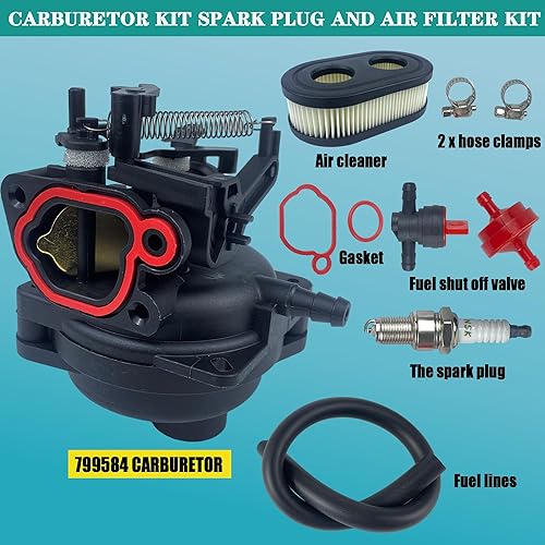 Miniatura 2 de 799584 594058 Kit de carburador de bujías y filtro de aire compatible con B&S Carb 594057 592361 594529 Troy Bilt TB110 TB200 103M02 09P702 9P702