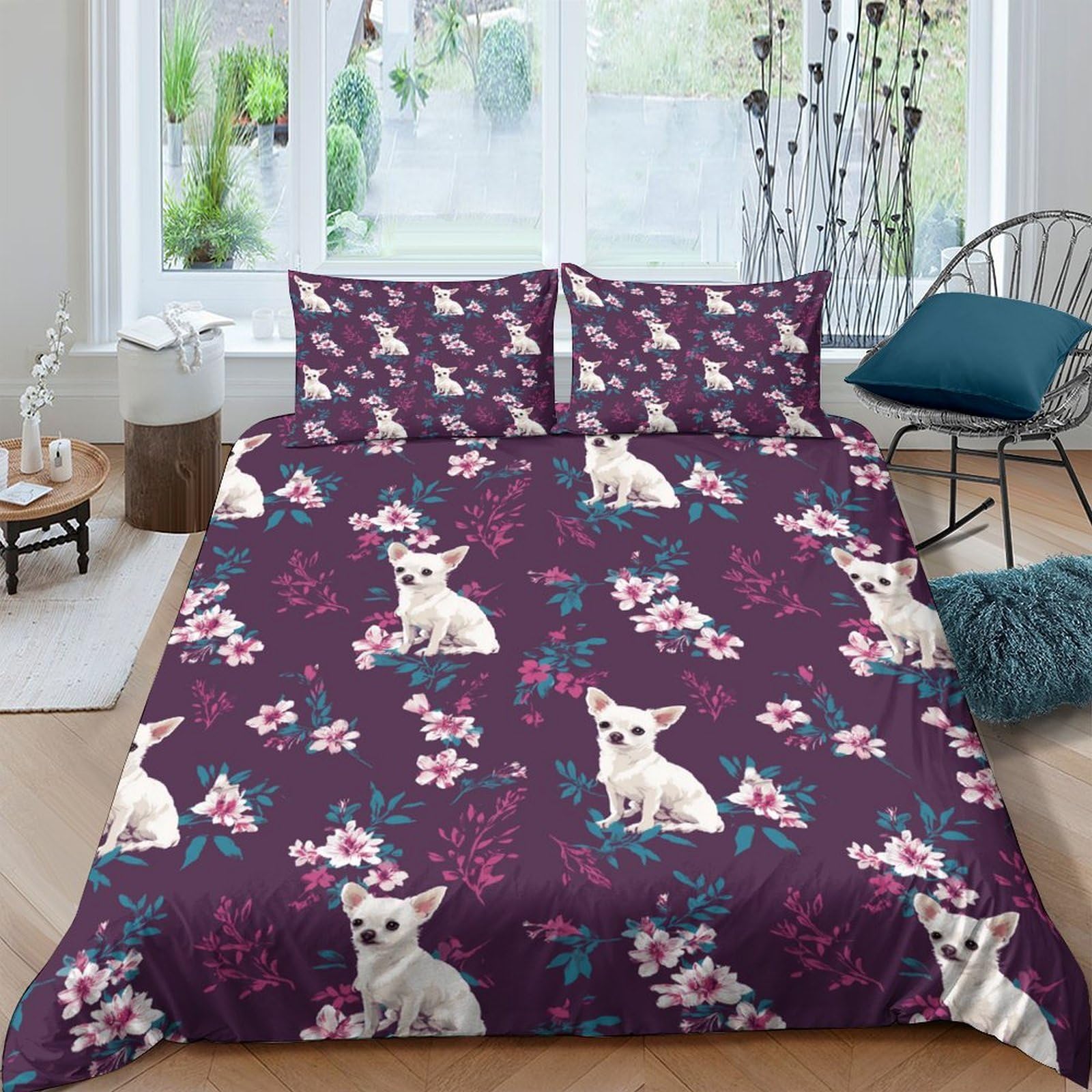 Ctjqhvkz Style-4 3D Printed Cute Chihuahua Fitted Sheet Microfiber Deep Purple Floral Bed Cover For Bedroom Guest Room Easy Care Single（135X200cm）