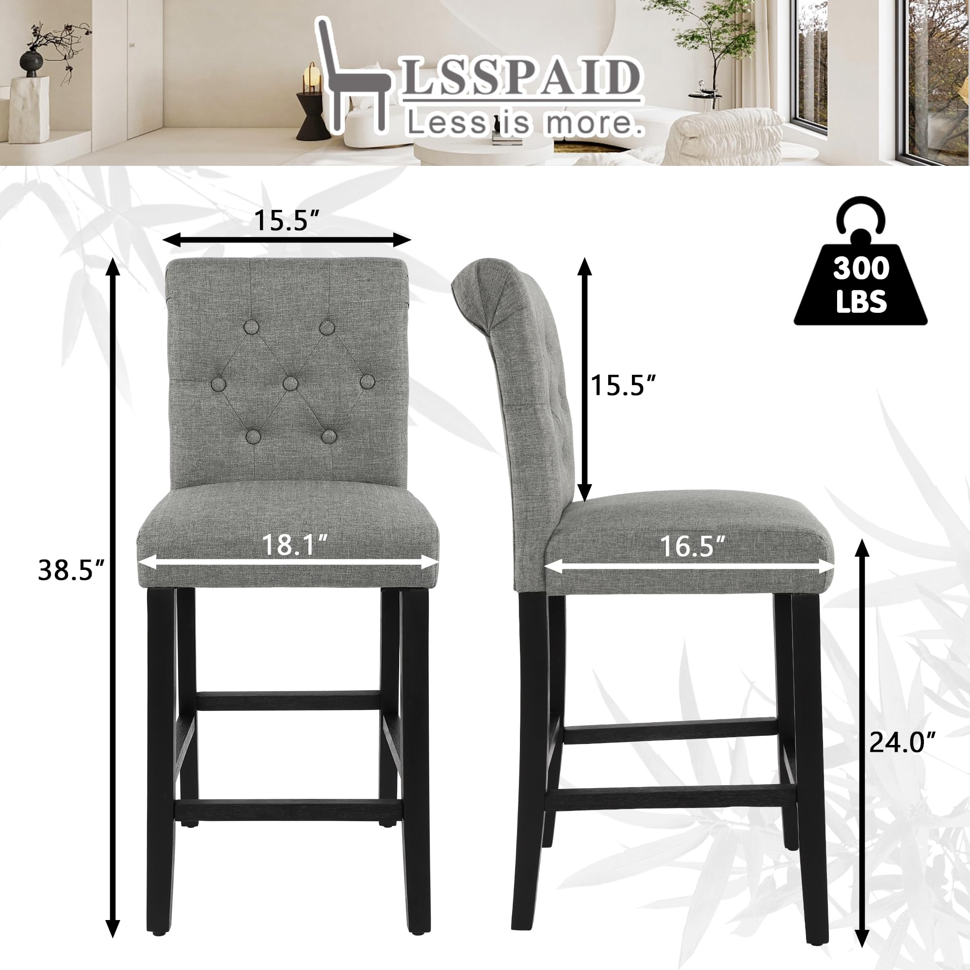 LSSPAID Bar Stools Set of 2, 24 Inch Counter Height Chairs, Upholstered Fabric Padded Kitchen Island Wood Barstools with Button Tufted Backrest and Solid Wood Legs, Grey