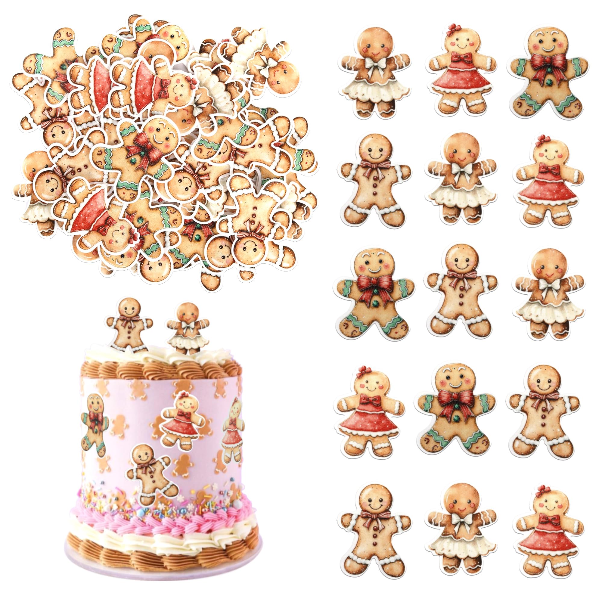 60PCS Edible Merry Christmas Cupcake Toppers Wafer Paper Gingerbread Man Cupcake Picks Edible Gingerbread Decorations for Merry Christmas Theme Baby