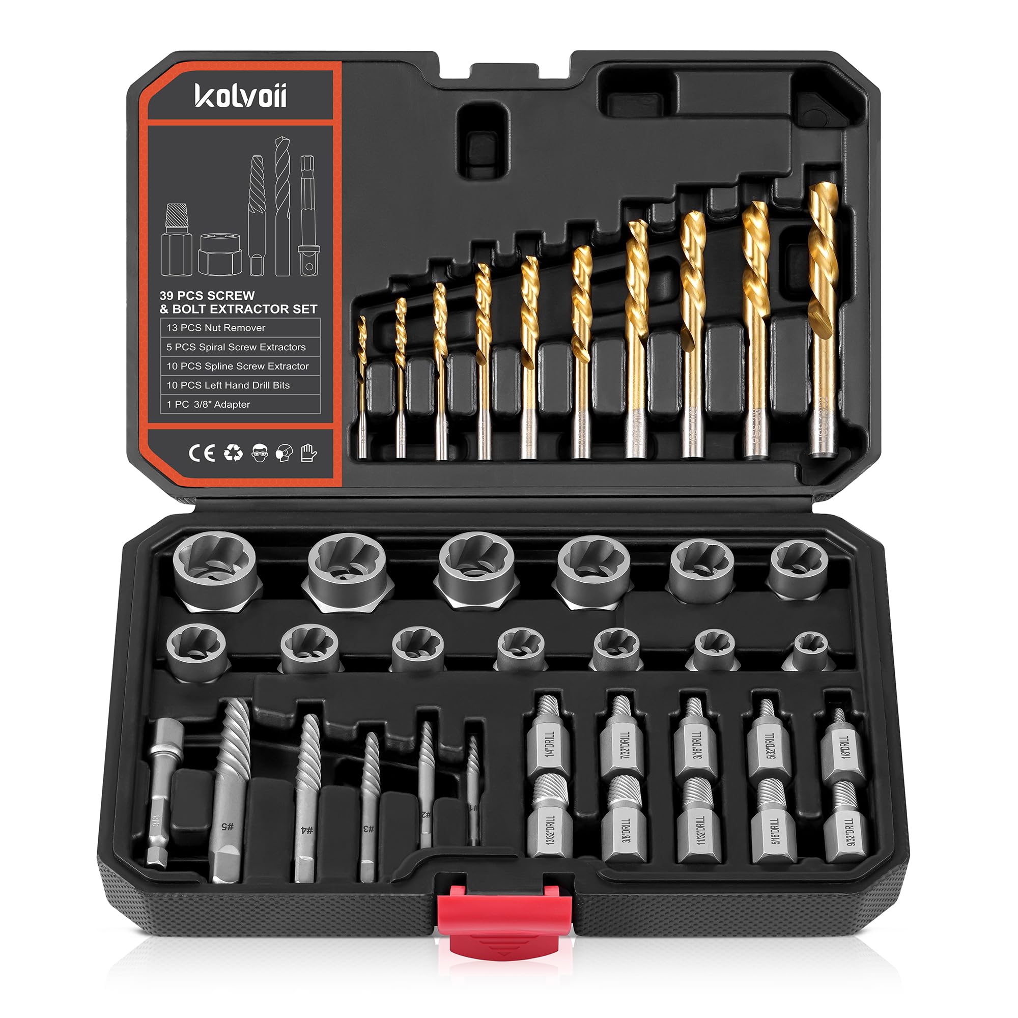 Kolvoii Screw Extractor Set & Bolt Extractor Kit, Left Hand Drill Bit Set, 39 Pcs Multi-Spline Bolt Remover Tools, for Removing Broken, Stripped Bolts, Screws, 35#CR-MO 6542/4341 HSS Steel Cobalt