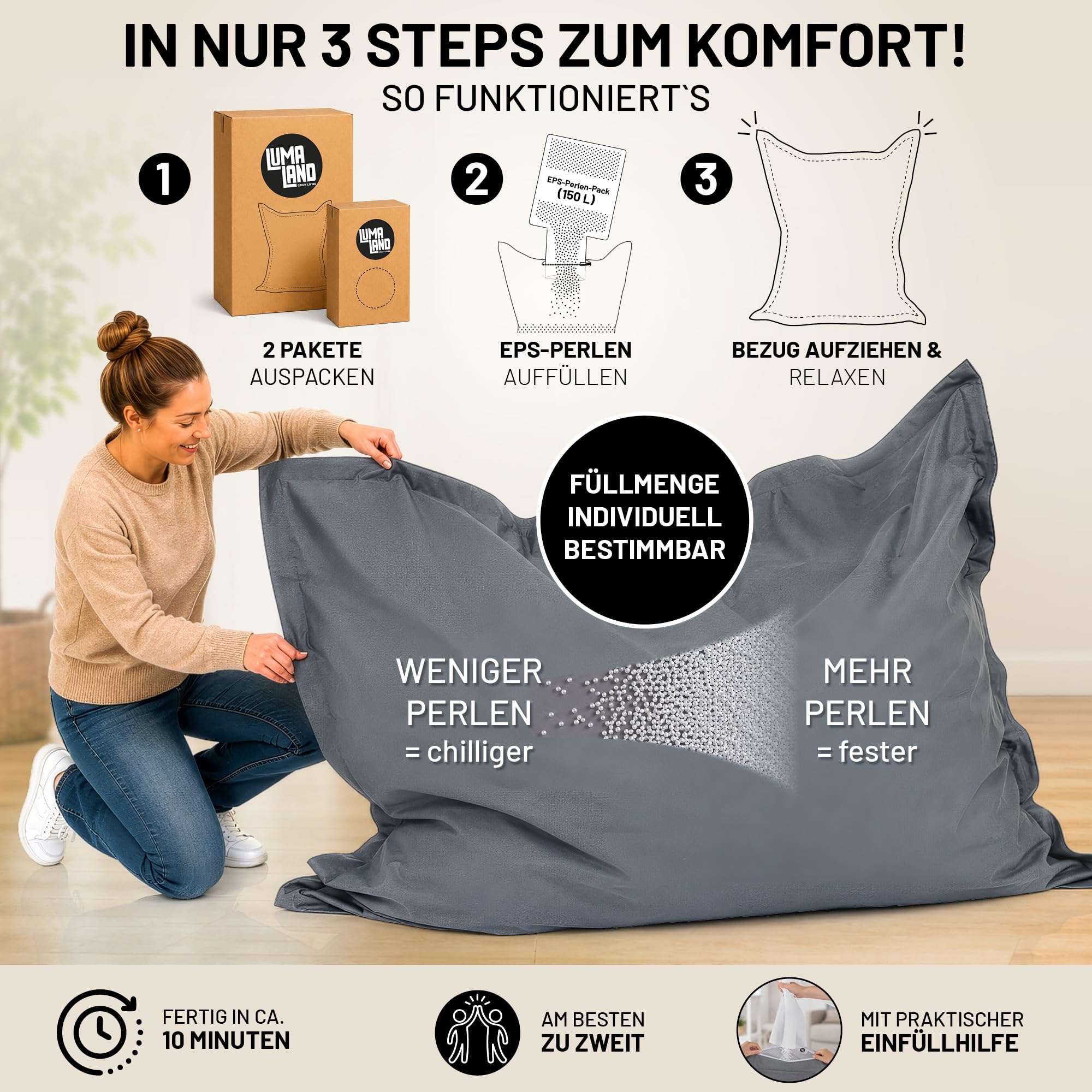 Lumaland Worek do siedzenia Classic XXL Cord, ogromny worek do siedzenia XXL, o miękkiej żebrowanej strukturze, idealny do sofy i foteli sztruksowych, do salonu, sypialni itp. – 380 l, 140 x 180 cm