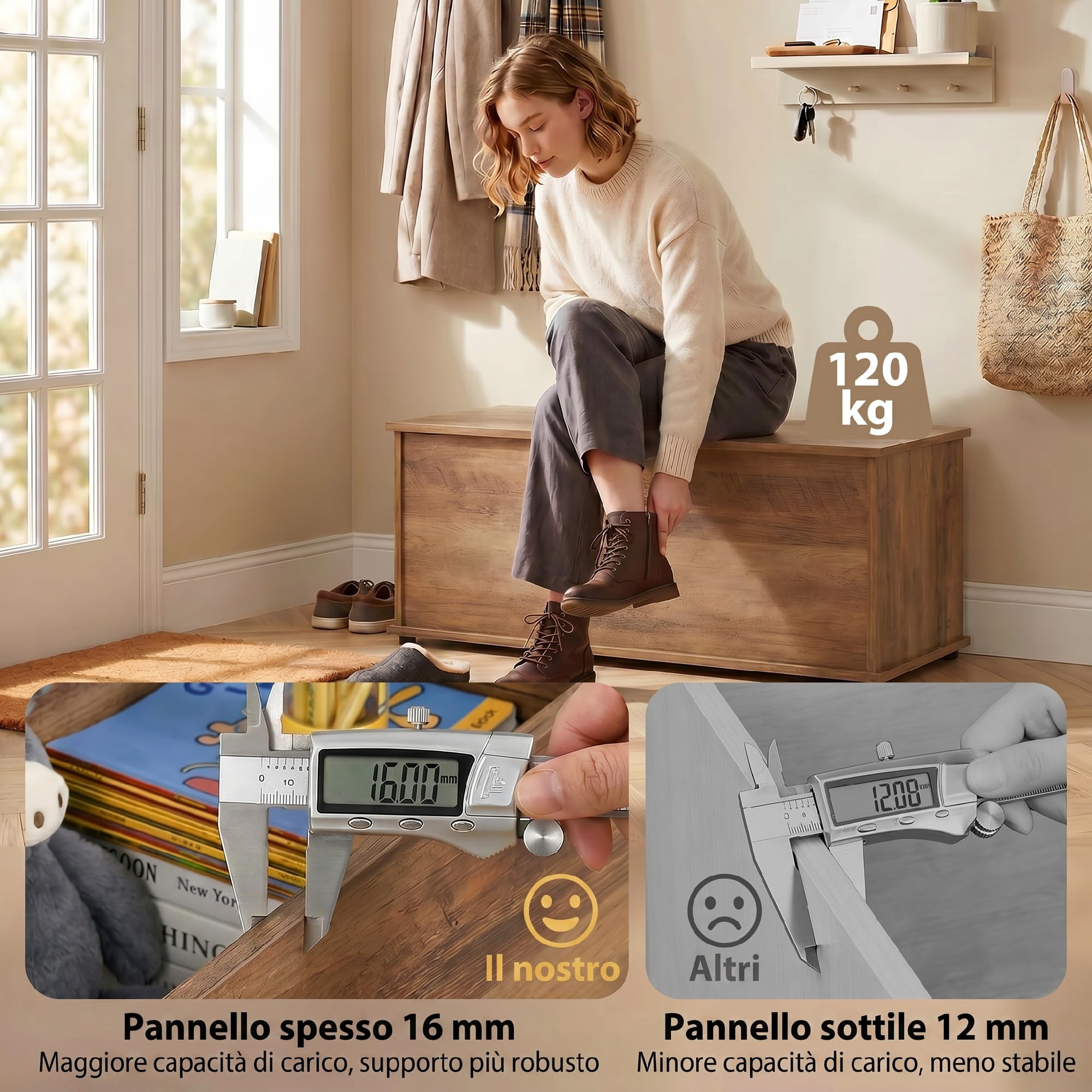 HOMCOM Cassapanca Contenitore da Interno 113L con Coperchio Ribaltabile, Baule Contenitore per Soggiorno e Ingresso, Panca Contenitore, Effetto Legno Marrone