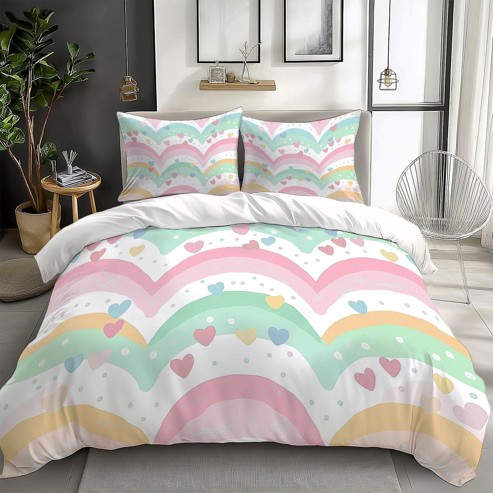Colored Duvet Cover Twin Size 2 Pieces Retro Cute Pattern, Bedding Set Room Decor Bedspread for Kids Teens, Comforter Quilt Cover Bedding Set with Pillow Sham