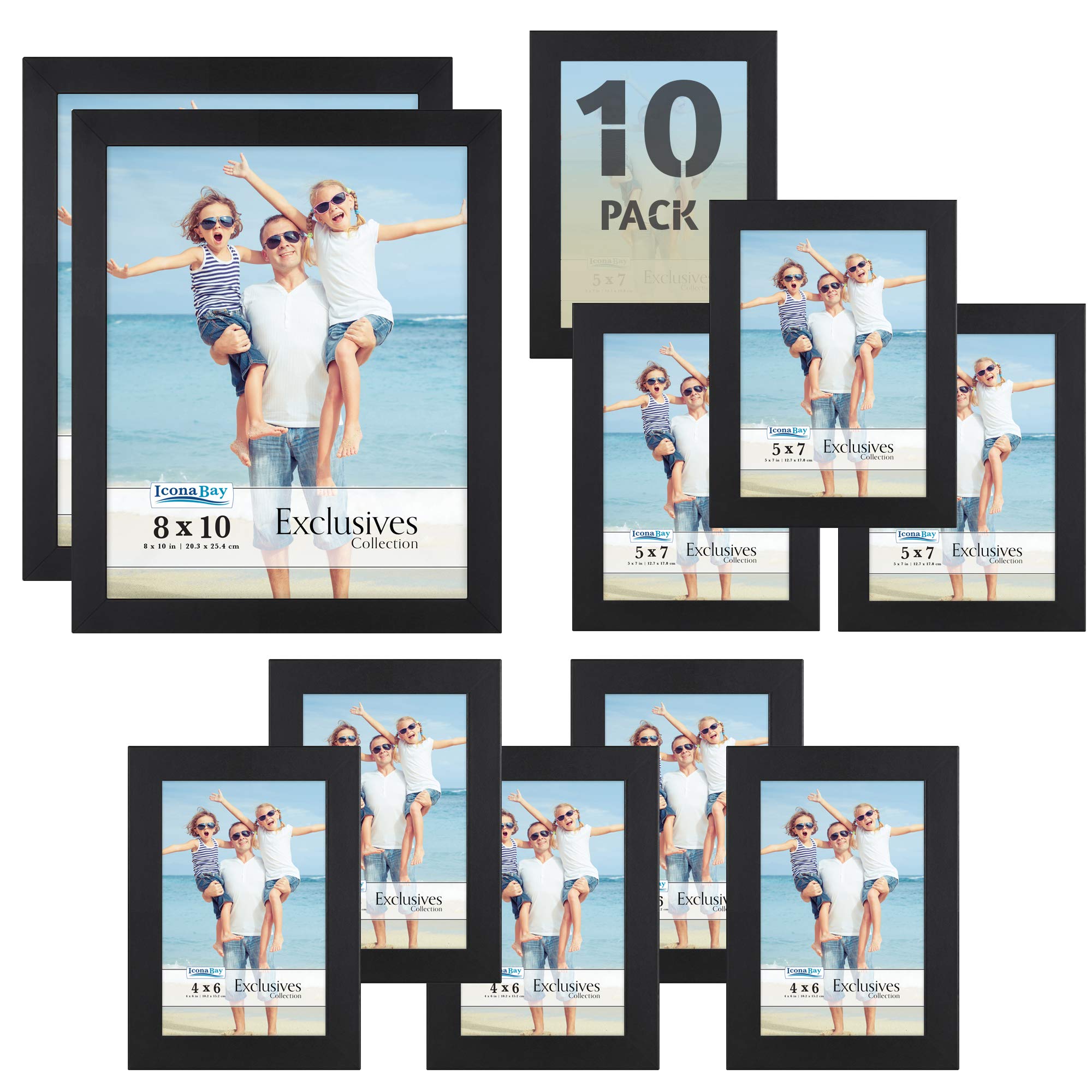 Icona BayCombination Black Picture Frames Set - 10 PC (Five 6x4, Three 7x5, Two 10x8), Multi-Pack for Modern Wall Gallery, Exclusives Collection
