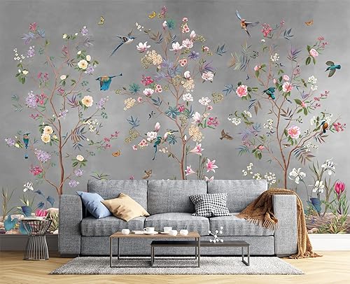 Eierme Papel tapiz de pared de estilo chino con diseño de flores y pájaros grises para dormitorio, 137 x 100 pulgadas