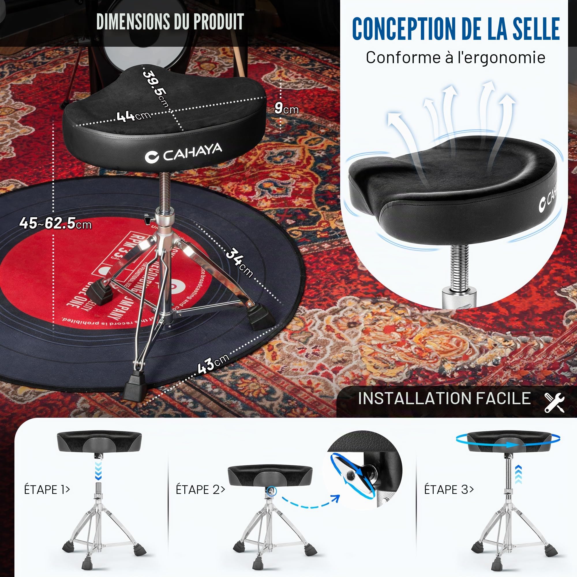 CAHAYA Tabouret de Batterie Réglable et Renforcé: Siège en Selle Extra Large avec Coussin Moelleux de 9 cm, Hauteur Réglable de 45 à 62,5 cm, Capacité de Charge Jusqu'à 200 kg