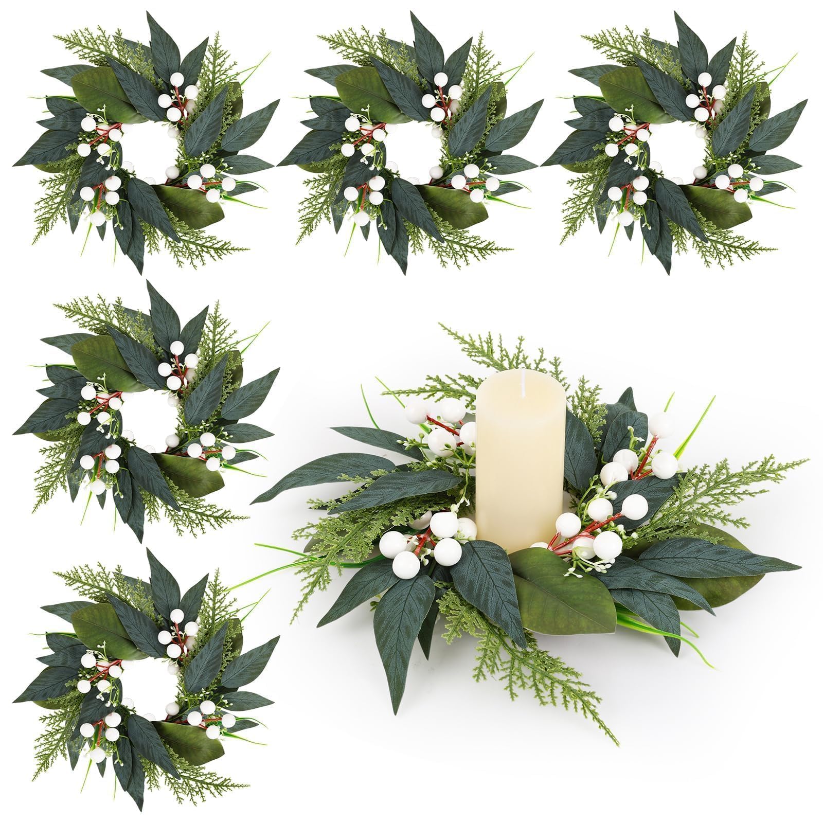 6 PCS 3 Inch Spring Summer Candle Rings Wreaths Mini Green Candle Rings Wreath Artificial Wreath with Eucalyptus Leaves and White Berries for Wedding Party Table Farmhouse Home Decorations