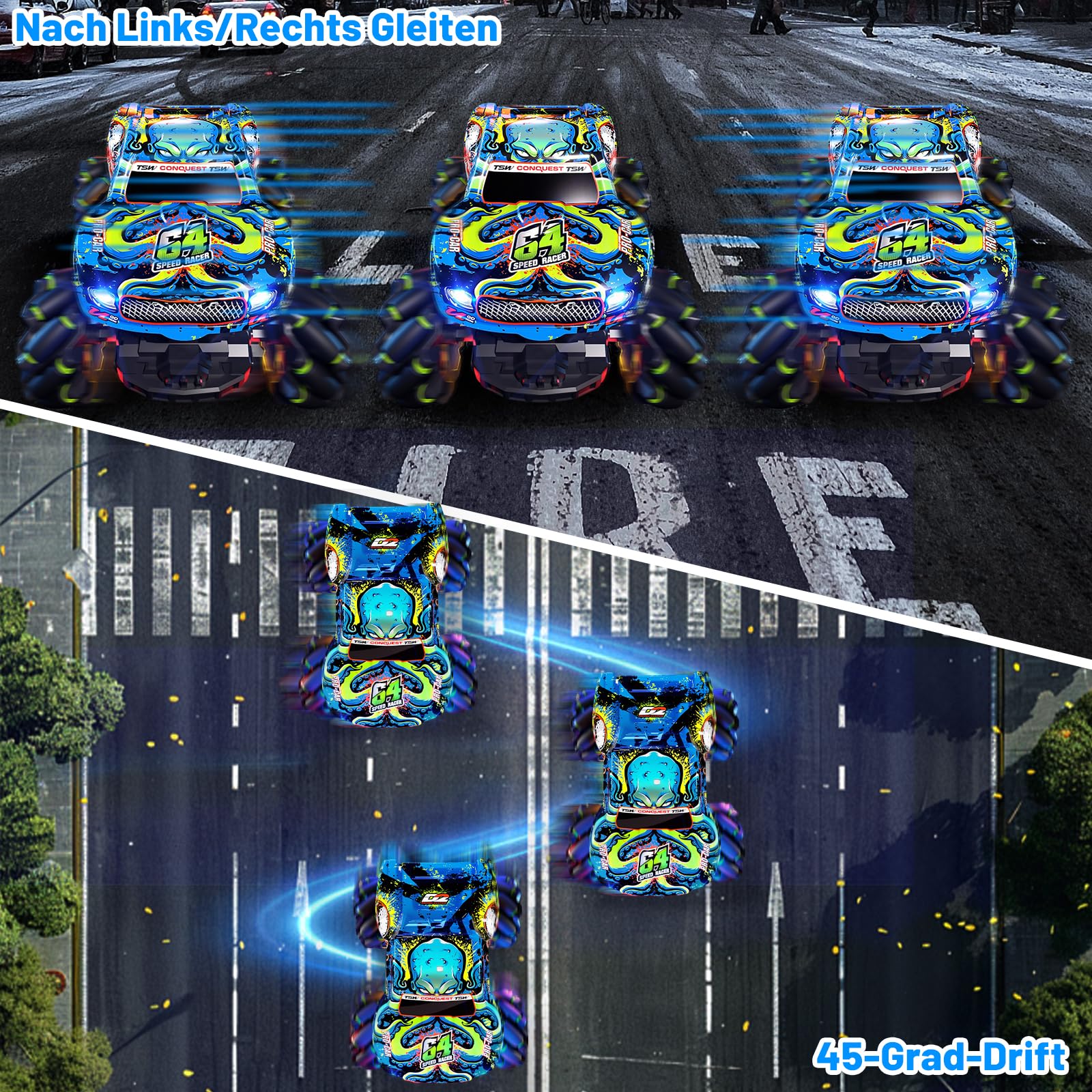 Monster Truck z podświetlanymi oponami i muzyką, 2,4 GHz, obrót o 360°, ciężarówka Monster Truck 1/20 z 2 bateriami, 50 min autonomii, samochód zdalnie sterowany od 3, 4, 5, 6, 7, 8