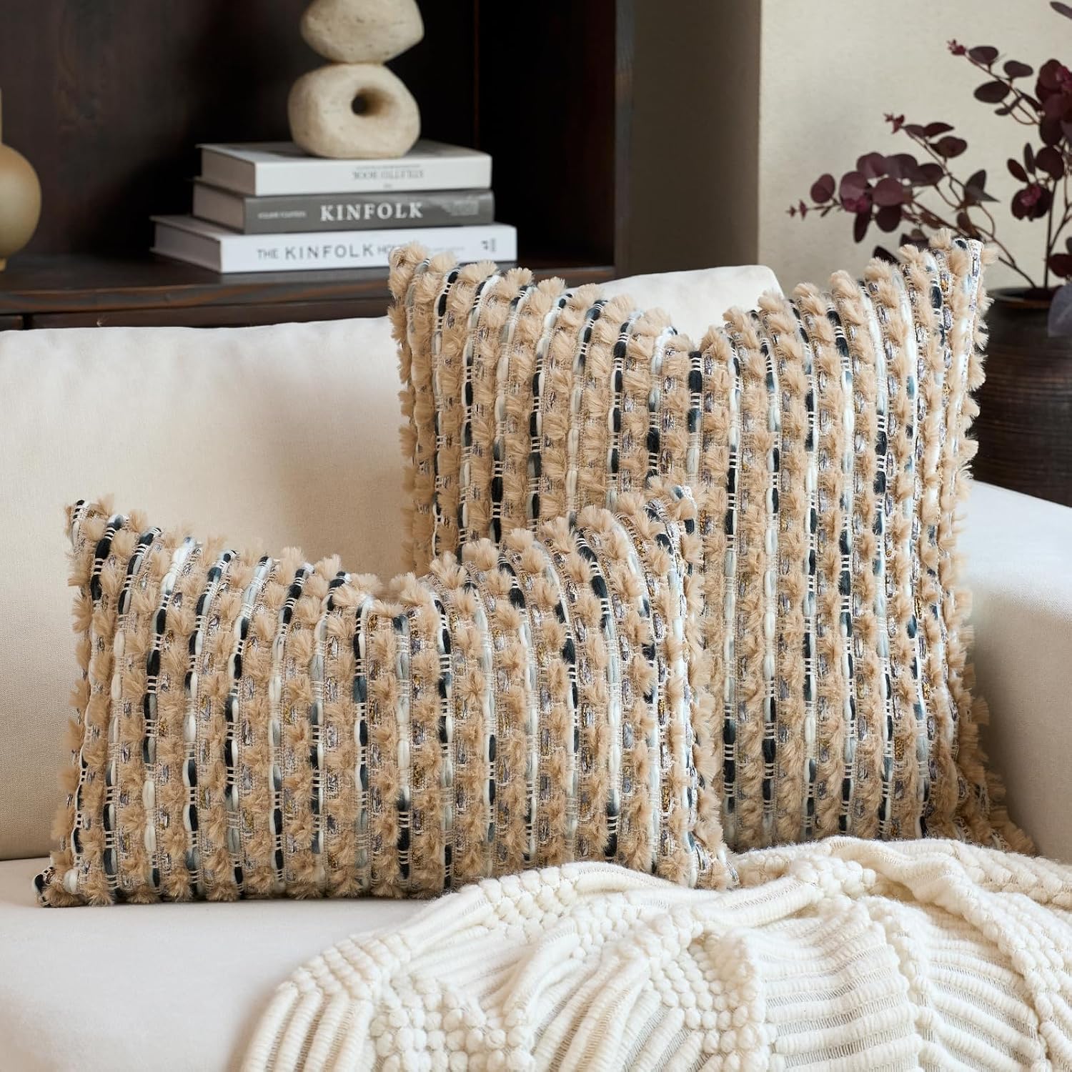 Aeckself Handmade Boho Chenille Tufted Pillow Cover 18x18 Inch, Decorative Square Throw Pillow Cover Neutral Pillowcase for Couch Bedroom Living Room, Brown Blue - Image 5