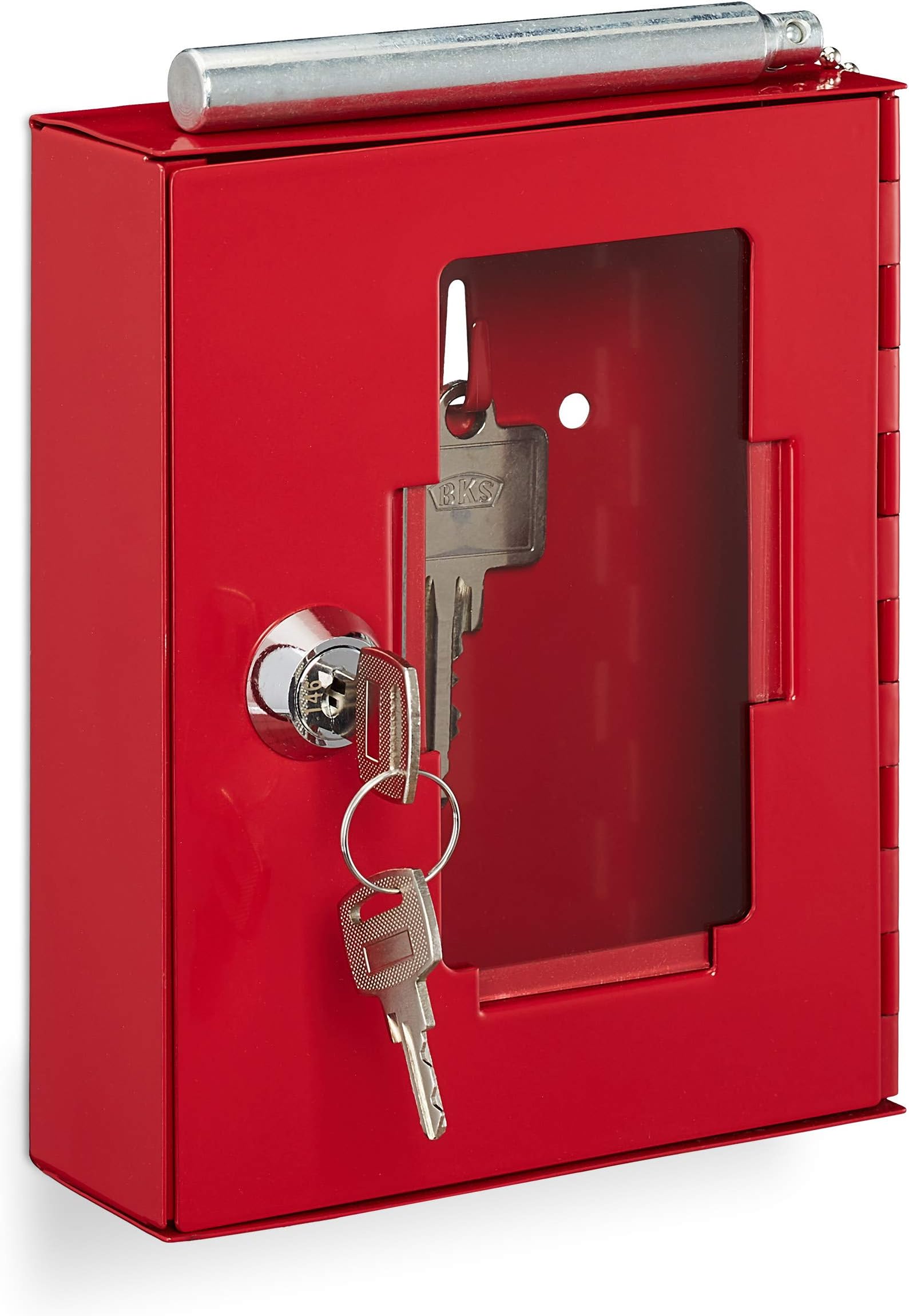 Relaxdays 1 x Red Emergency Key Box with Glass Panel & Glass Break Hammer Lockable Metal Emergency Key Box Small