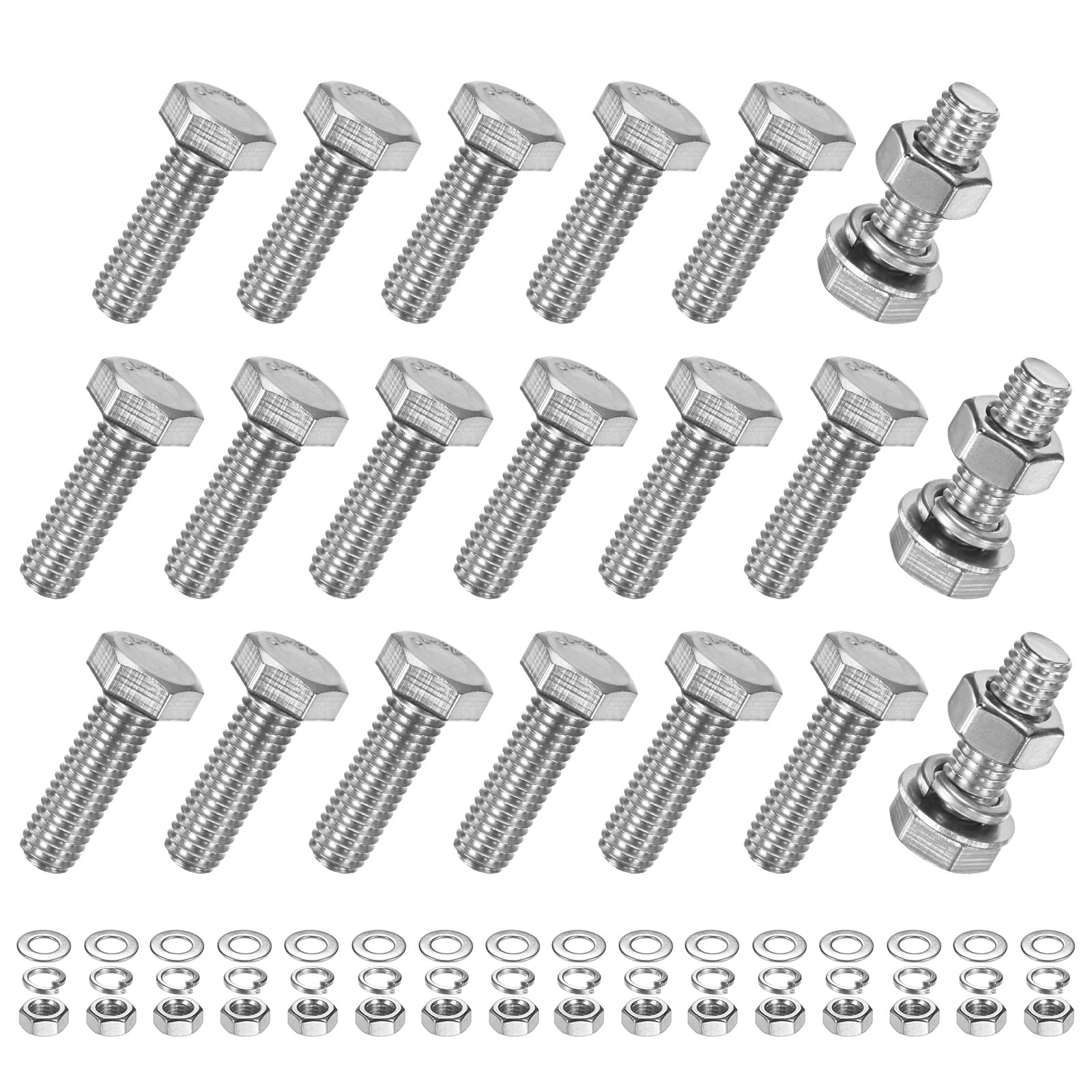 M METERXITY 20-Pack Hex Head Screw Bolt with Nuts Flat & Lock Washers M8x25mm Stainless Steel Bolts and Nuts Kit Fully Threaded Metric Bolt Assortment for Equipment/Machinery
