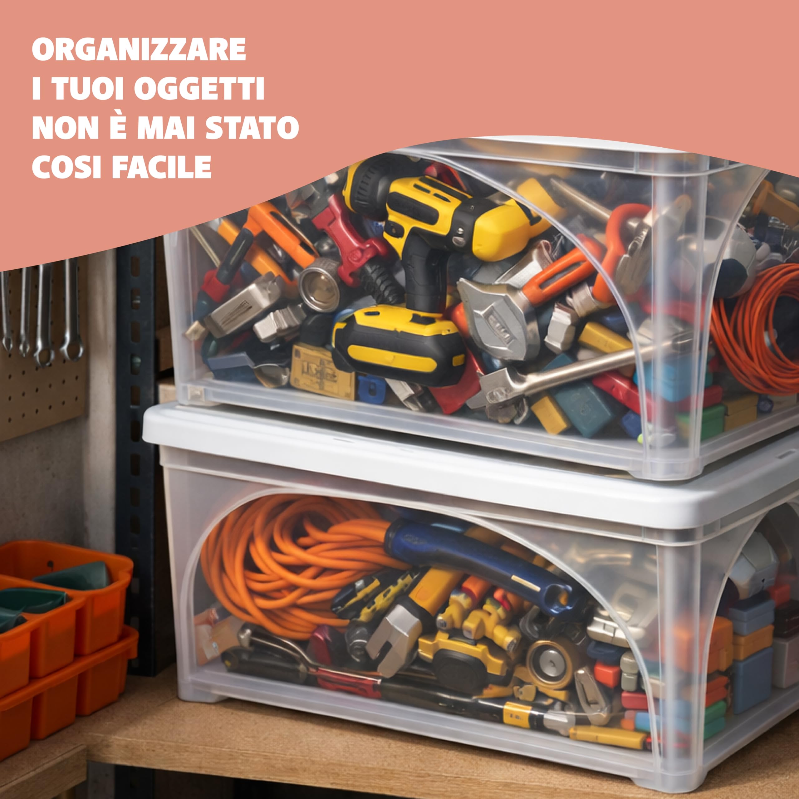Set 3PZ Contenitore in Plastica Resistente - Trasparente, con Coperchio Bianco, per Vestiti, Portaoggetti, Adatto per Armadi, Garage, Organizer, con Maniglia, Ruote - (60X40X28h CM)