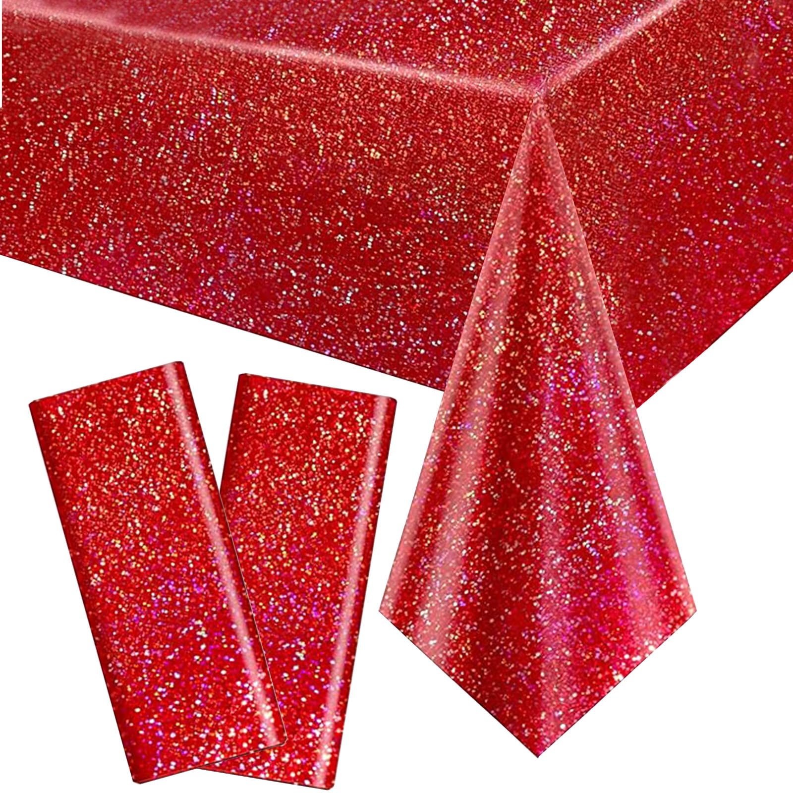 2pcs Shimmer Red Holographic Party Plastic Tablecloth for Birthday,137x274cm Large Shiny Foil Table Cover Metallic Sparkly Iridescent Table Cloth for Girls,Picnic,Christmas,Disco Party Decorations
