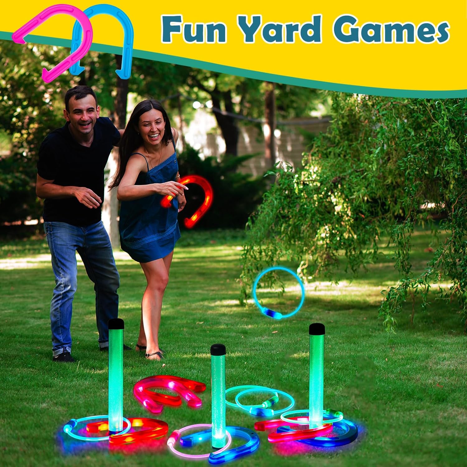 Liliful 20 Pcs Outdoor Ring Toss Game Ring Toss Glow in Dark Games with LED Yard Game Outdoor Games for Family Adults Lawn Backyard Camping Glow Party