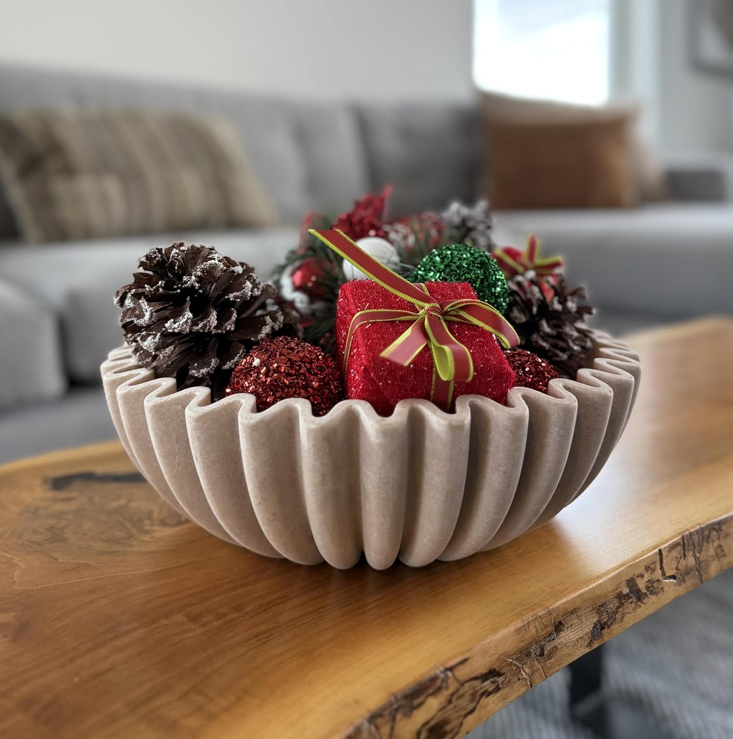 12" Extra Large Decorative Bowl – Decorative Fruit Bowl for Kitchen Counter, Modern Handmade Bowls for Home Decor, Ruffle Decor, Stylish Key Bowl for Entryway Table, Beige Artificial Stone - Image 5