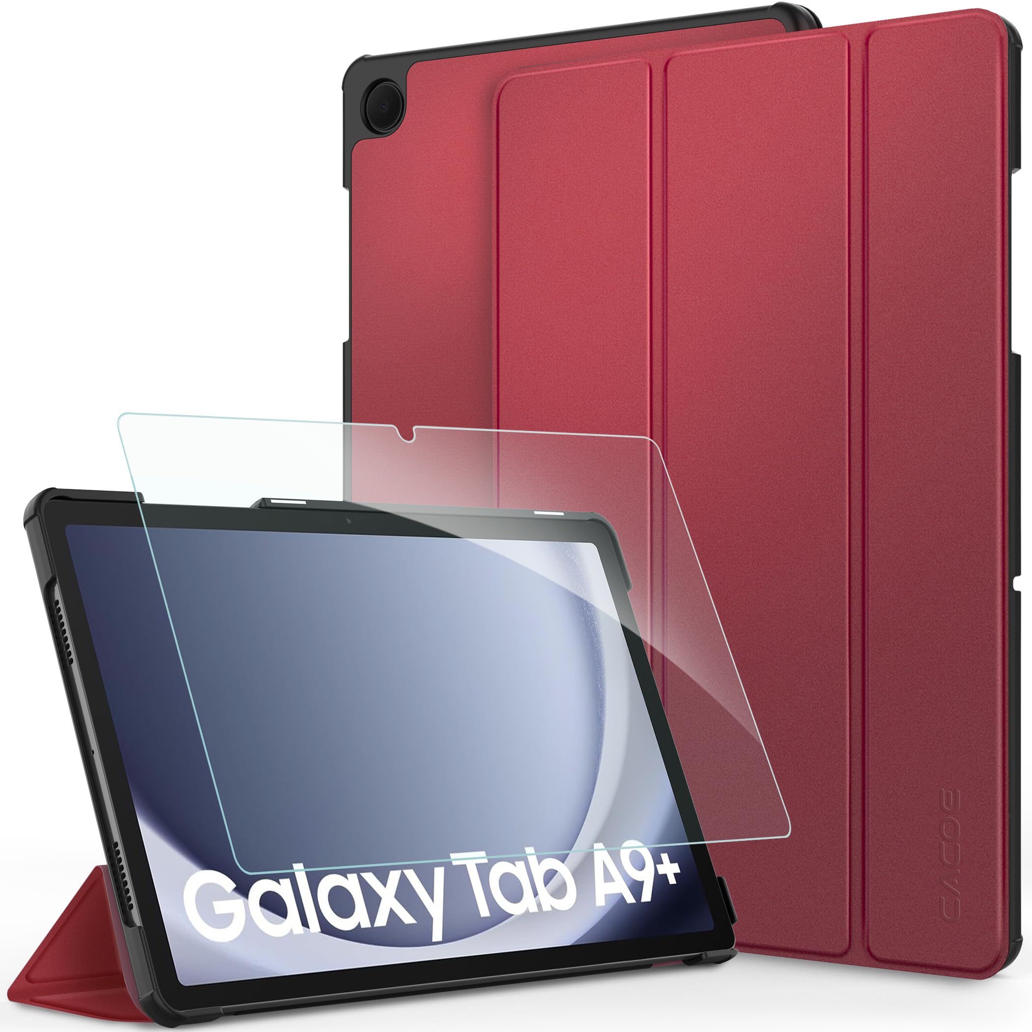 CACOE Hülle für Samsung Galaxy Tab A9+ Plus 11 Zoll 2023 mit Schutzfolie - Ultra Dünn mit Standfunktion Slim PU Leder Smart Schutzhülle, Rotwein