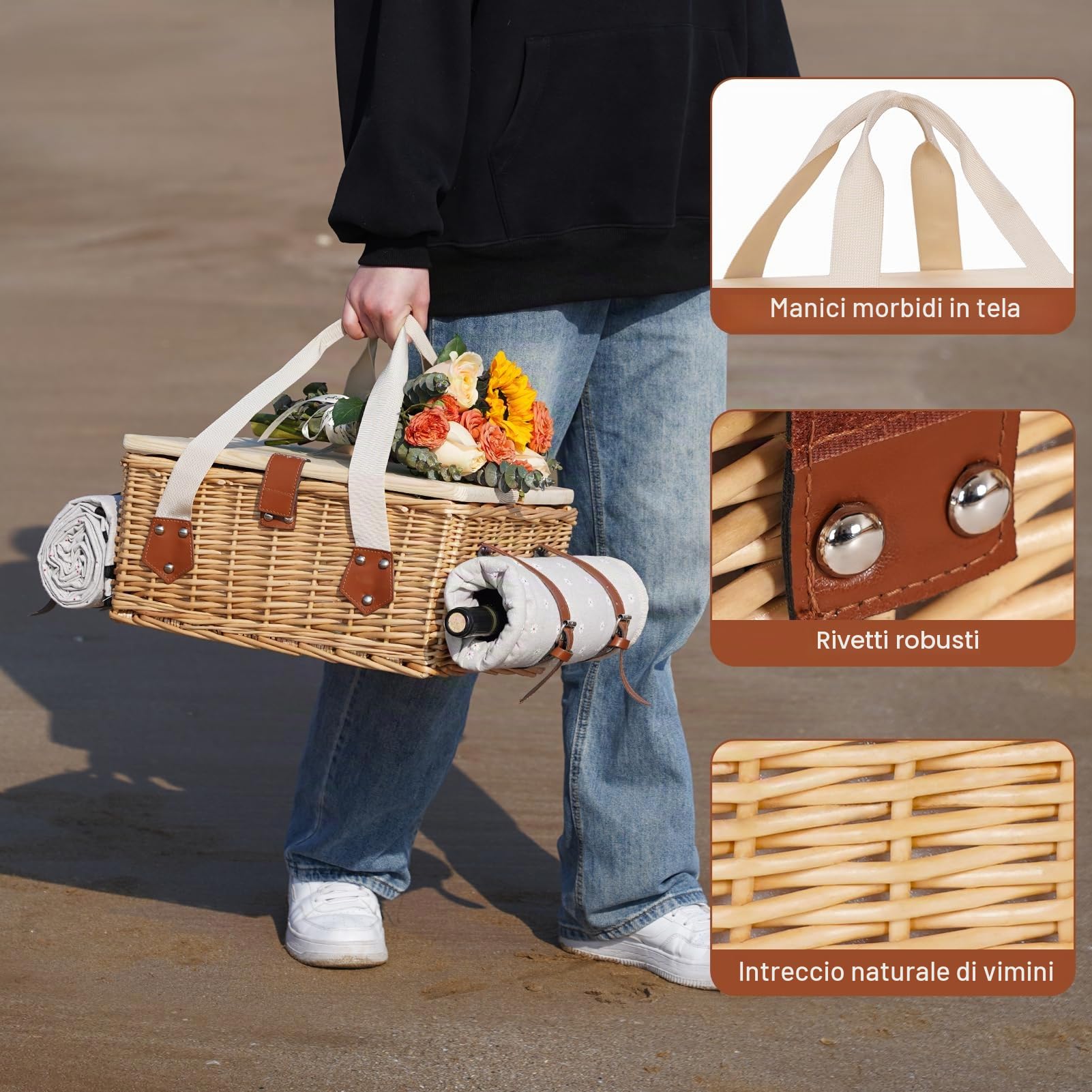 Set cestino da picnic con mini tavolo pieghevole e set di posate, cestino da picnic per 2 persone con borse termiche, cestino intrecciato con manico, cestino da picnic in vimini set regalo per picnic