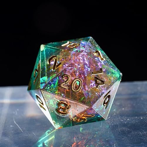 CRITALLIC Dados DND de bordes afilados, 7 dados poliédricos de galaxia con inclusiones de purpurina, dados D&D hechos a mano para juegos de mesa de