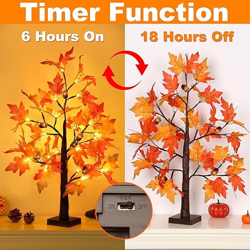 Miniatura 3 de Paquete de 2 y temporizador Árbol de arce artificial iluminado de otoño de 24 pulgadas con 24 luces LED, funciona con pilas, árbol de arce de mesa