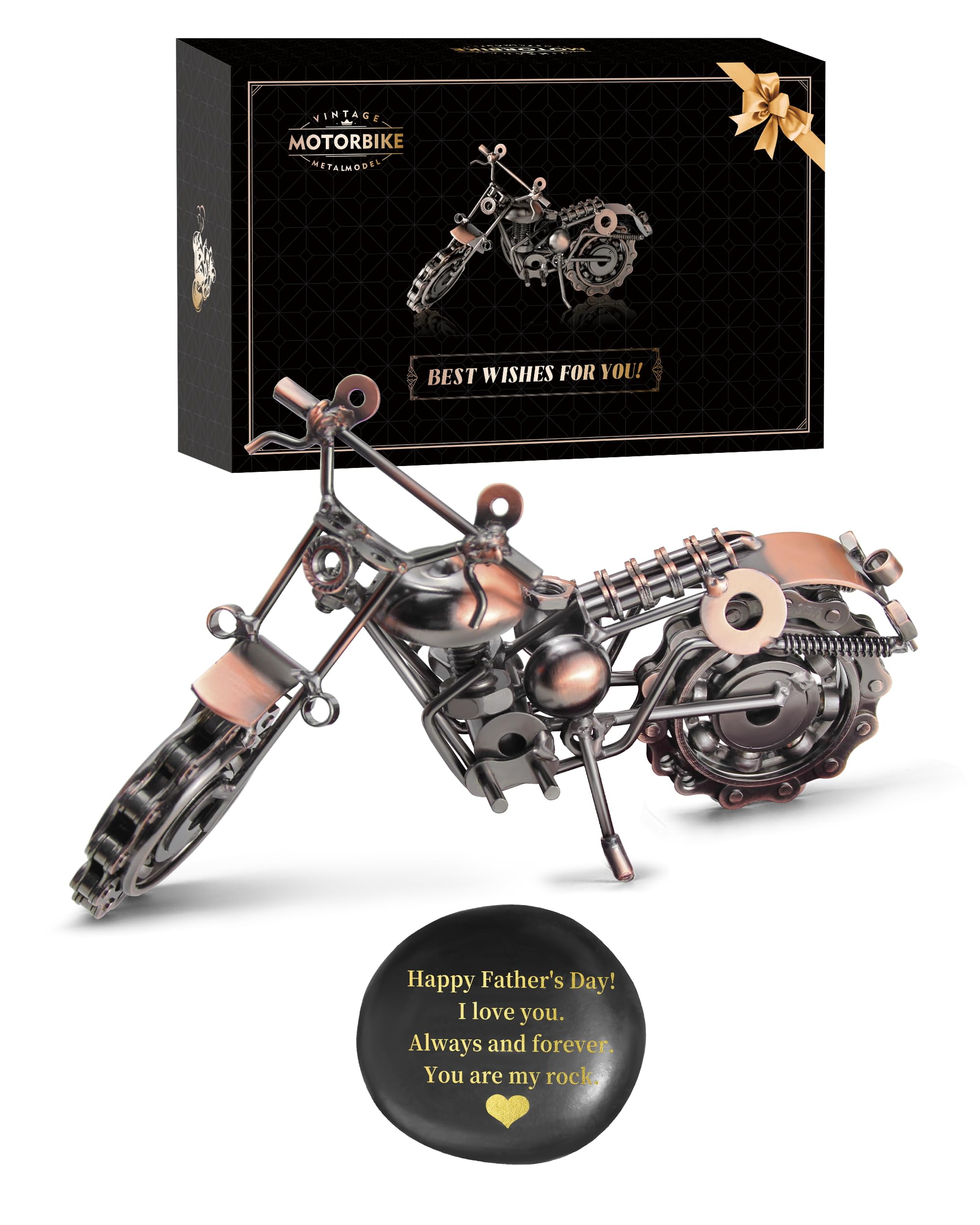 Signstek Father’s Day Motorbike Gift for Dad, Vintage Metal Motorcycle Model with Engraved Stone and Gift Box, Retro Keepsake Desk Ornament