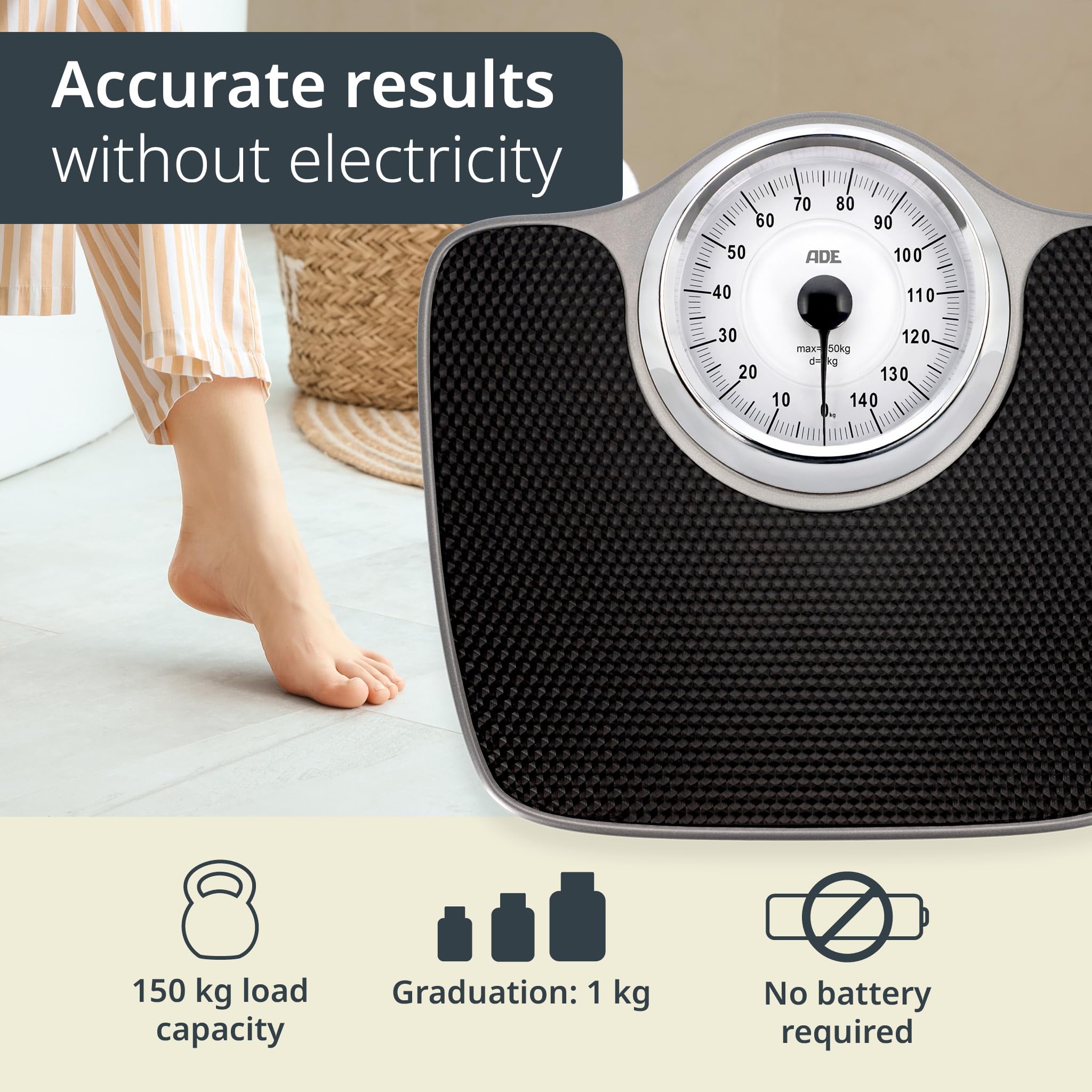 ADE Analogowa waga osobowa do 150 kg | mechaniczna waga osobowa z dużą powierzchnią antypoślizgową | bardzo duża skala z podziałką