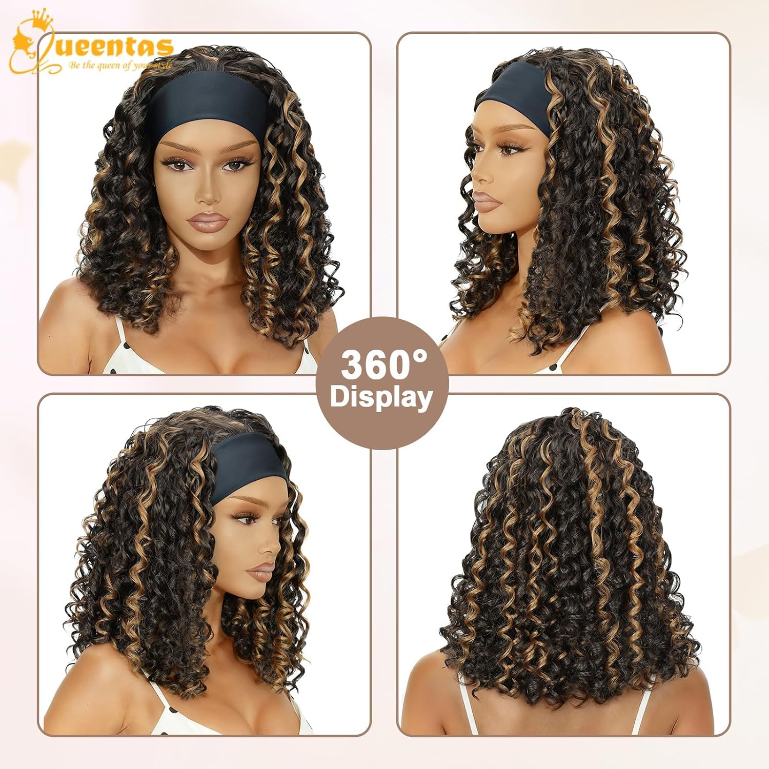 QUEENTAS 14 Inch Deep Wave Curly Headband Wig, #4/27 Brown with Honey Blonde Highlight for Black Women, Glueless Wear and Go Shoulder Length Bob Wig, Synthetic Beginner-Friendly Hair