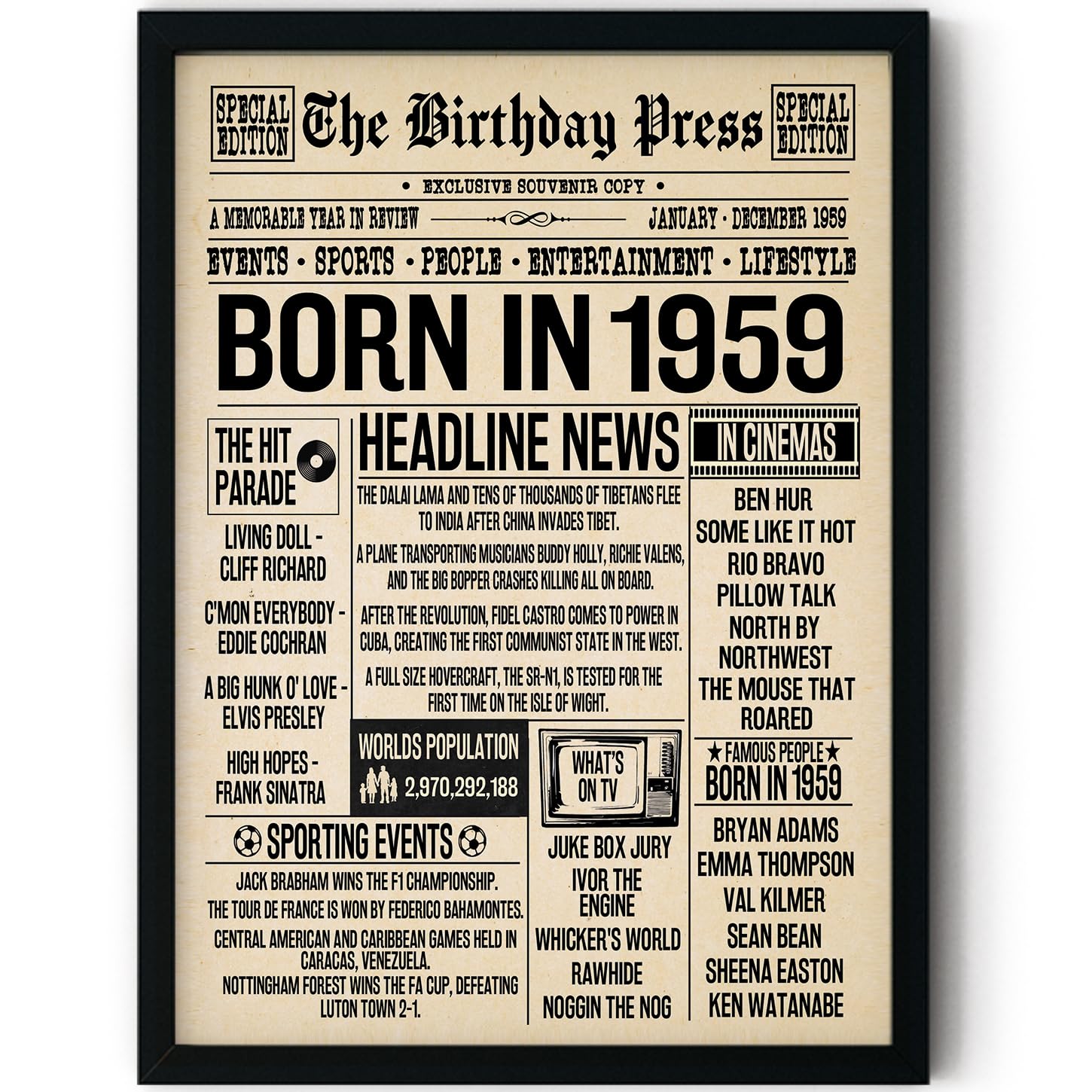 Stuff4 Men's 1959 67Th Birthday Poster Framed - Born In Newspaper - Happy 67Th Birthday Gifts For Wo Vintage Retro Back In 8X10 Inch Bday Party Decor Decoration
