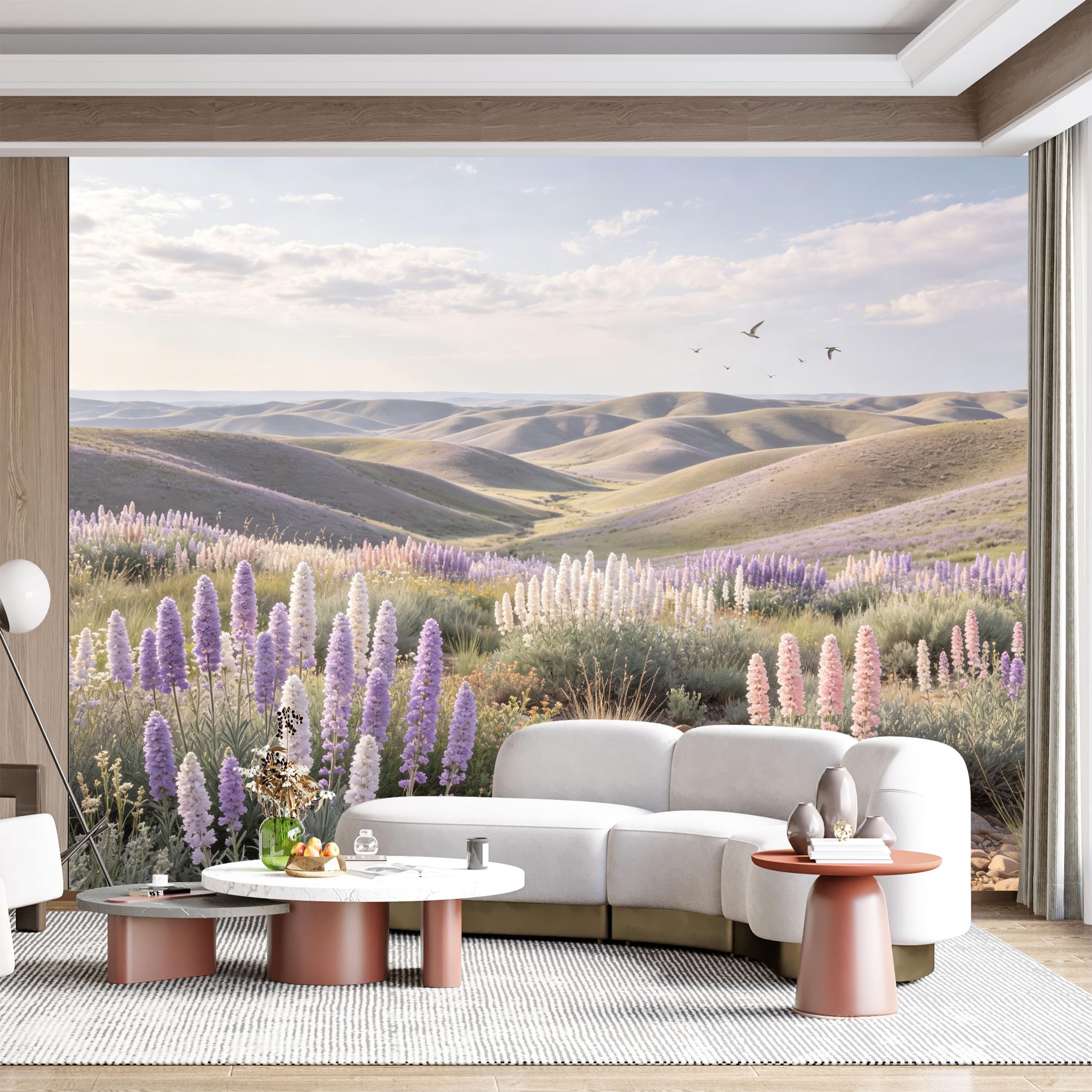 Custom Size Wall Mural Lush Floral Field Rolling Hills Seascape Birds Sky Watercolor SelfAdhesive Wall Fabric Removable for Home Office Decor