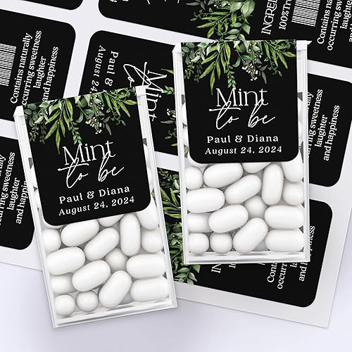 Vista 4 de 25 PCS Personalized Wedding Stickers Labels for Tic TACS Mints, Black & Eucalyptus Custom Mint to Be Gift Stickers with Greenery Flower Branch