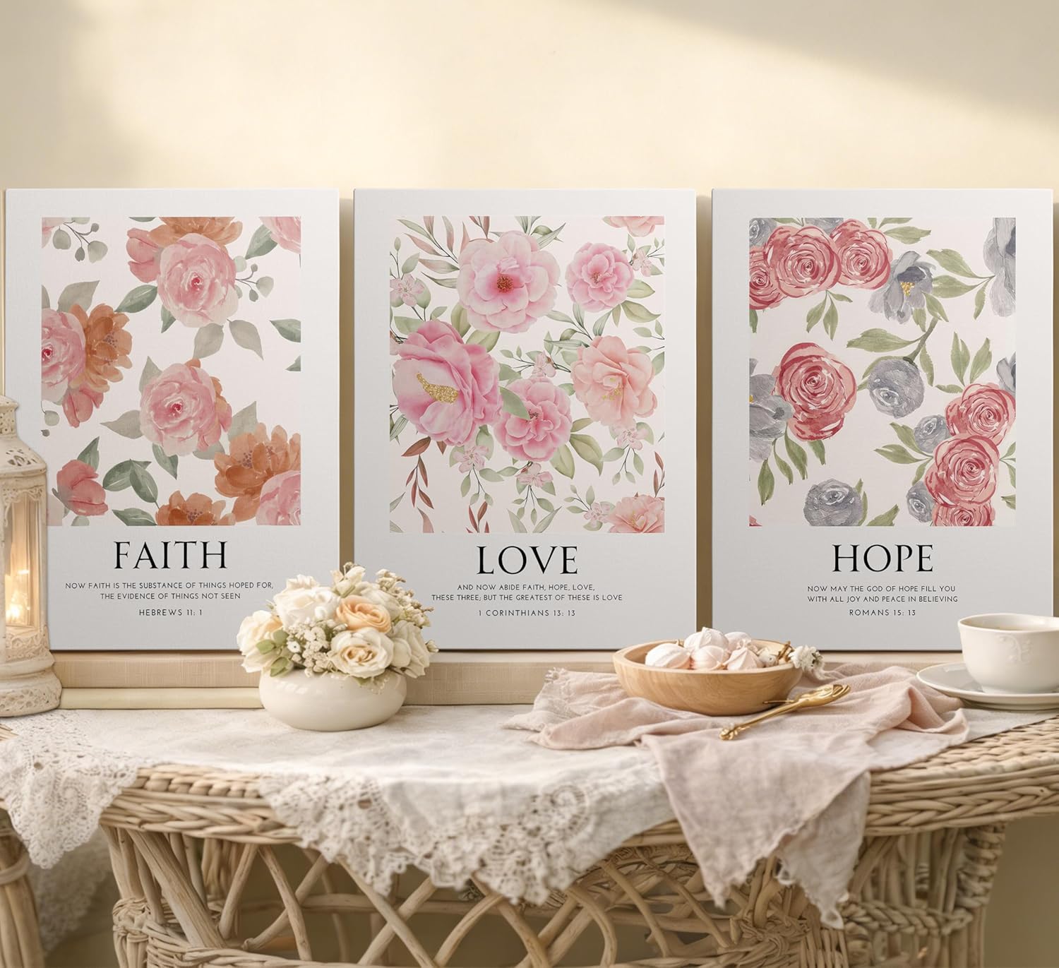 3Pcs Christian Floral Canvas Wall Art Pink Bible Religious Beliefs Painting Picture Wall Decor Girls Room Scripture Poster Print Artwork for Living Room Dorm Apartment Home Decoration