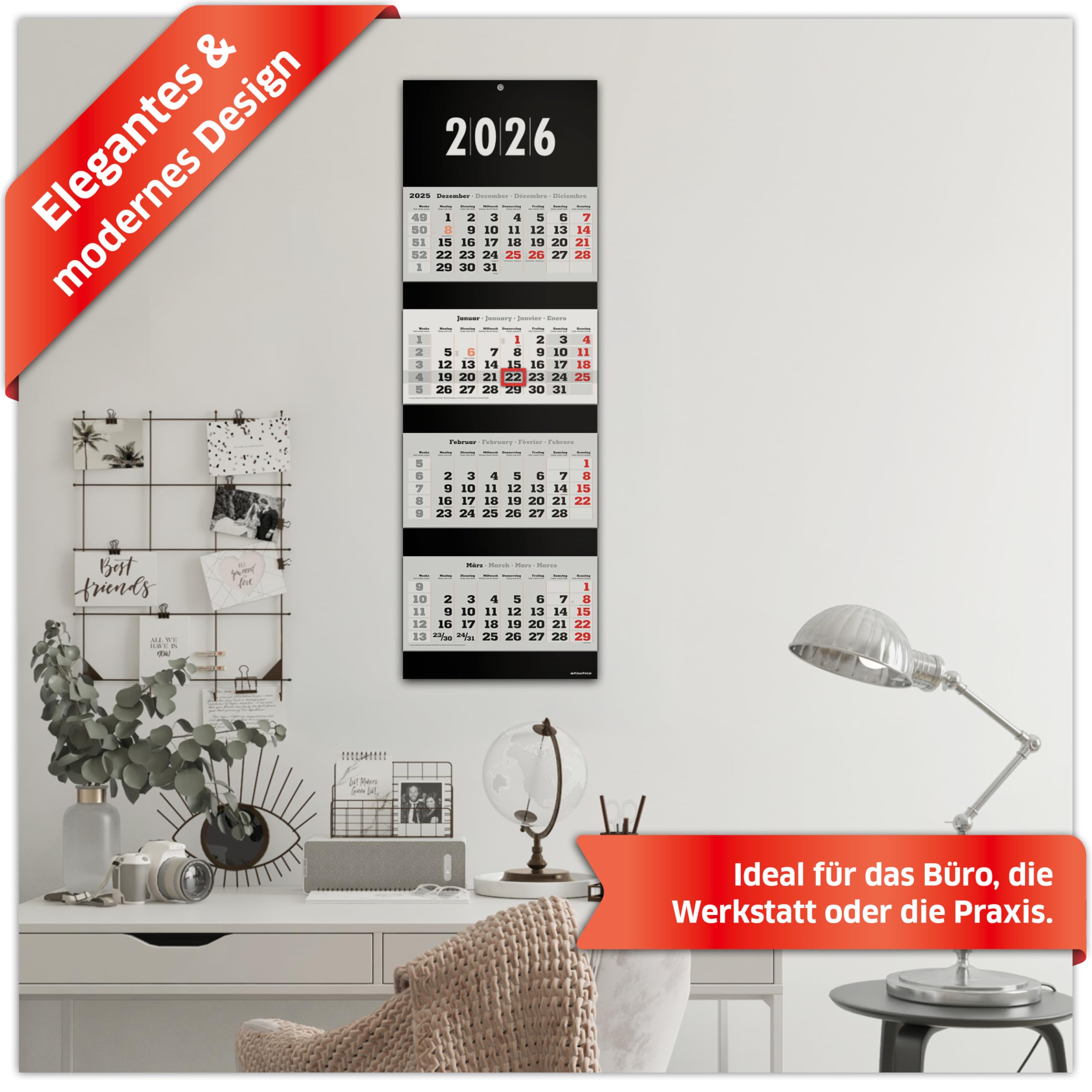 PRIMUS PRINT Calendario XXL 2026 – Calendario de pared – Calendario de pared de 4 meses – con fecha deslizante, calendario para colgar, incluye días festivos y vacaciones, varios diseños – [1 x negro]