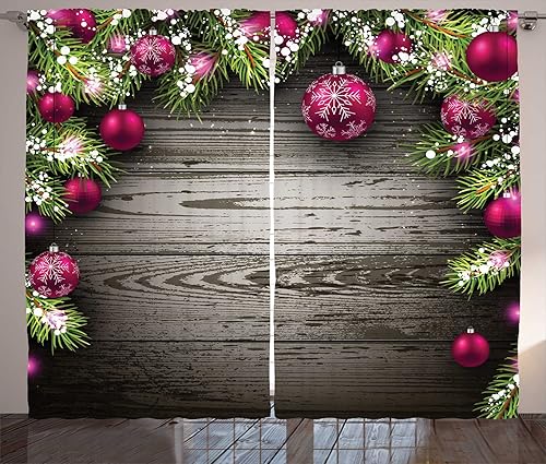 Ambesonne Cortinas navideñas, concepto antiguo con ramitas y bolas en madera rústica, impresión de diseño vintage, sala de estar, dormitorio, juego