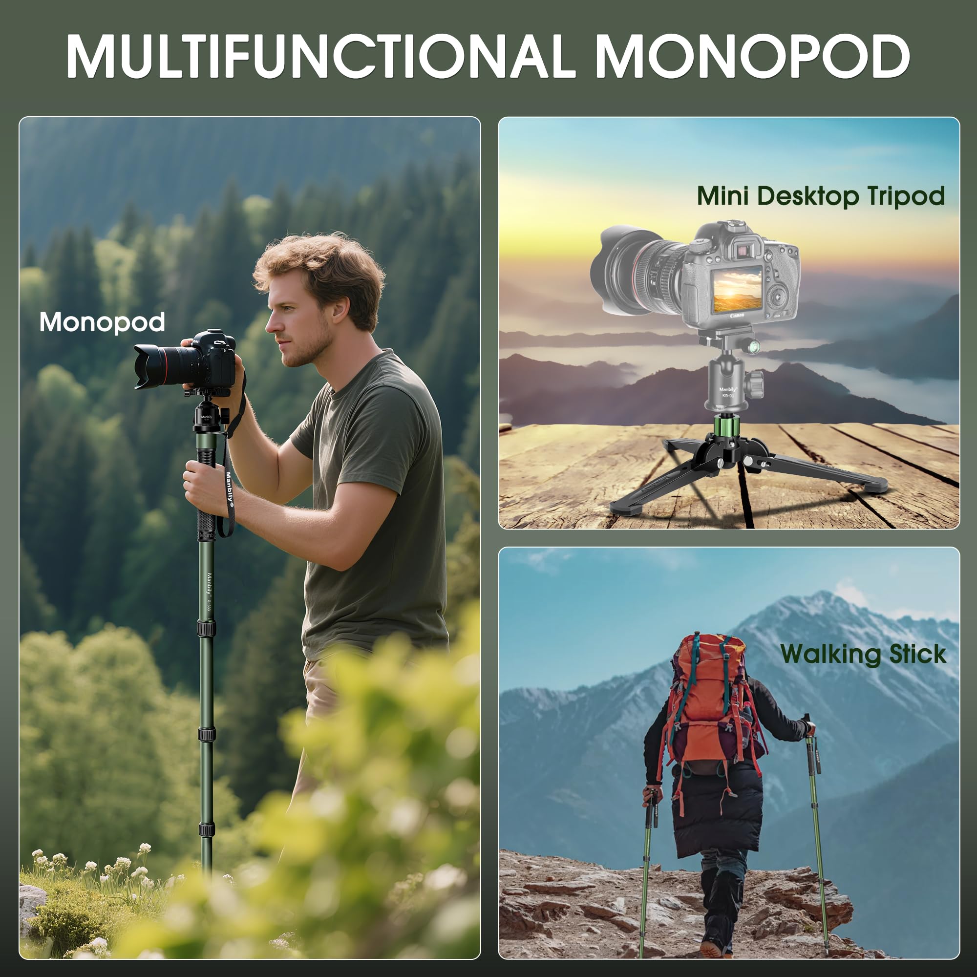 Manbily G-333 Monopode pour Appareils Photo 180cm avec Pied, Support de Poignée de Canne de Marche Aluminium Léger avec Base Trépied de Voyage, 5 Sections Max 10KG, pour Caméra DSLR Caméscope Reflex