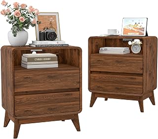 Farmhouse Nightstand Set of 2 with Charging Station, Wooden Bedside Table with 2 Storage Drawers and Open Shelf, Couch Side Table with Outlets for Living Room/Bedroom (Walnut)