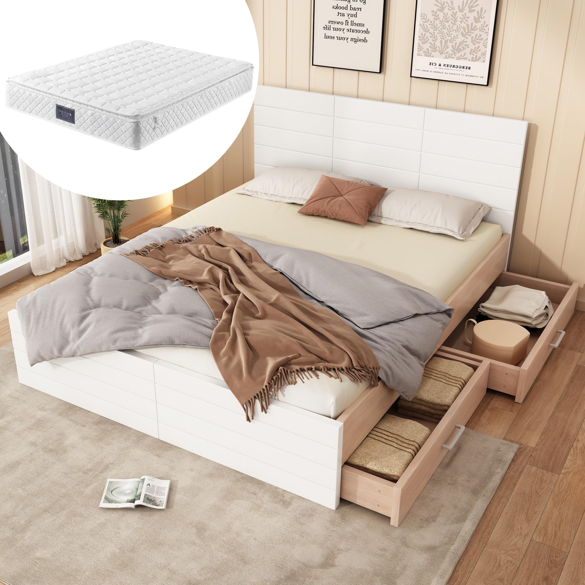 Generisch Moderno letto matrimoniale 140 x 200 cm con 2 cassetti, con struttura del letto e rete a doghe, rovere bianco, carico massimo 181 kg, spazio sotto il letto, materasso per chi dorme