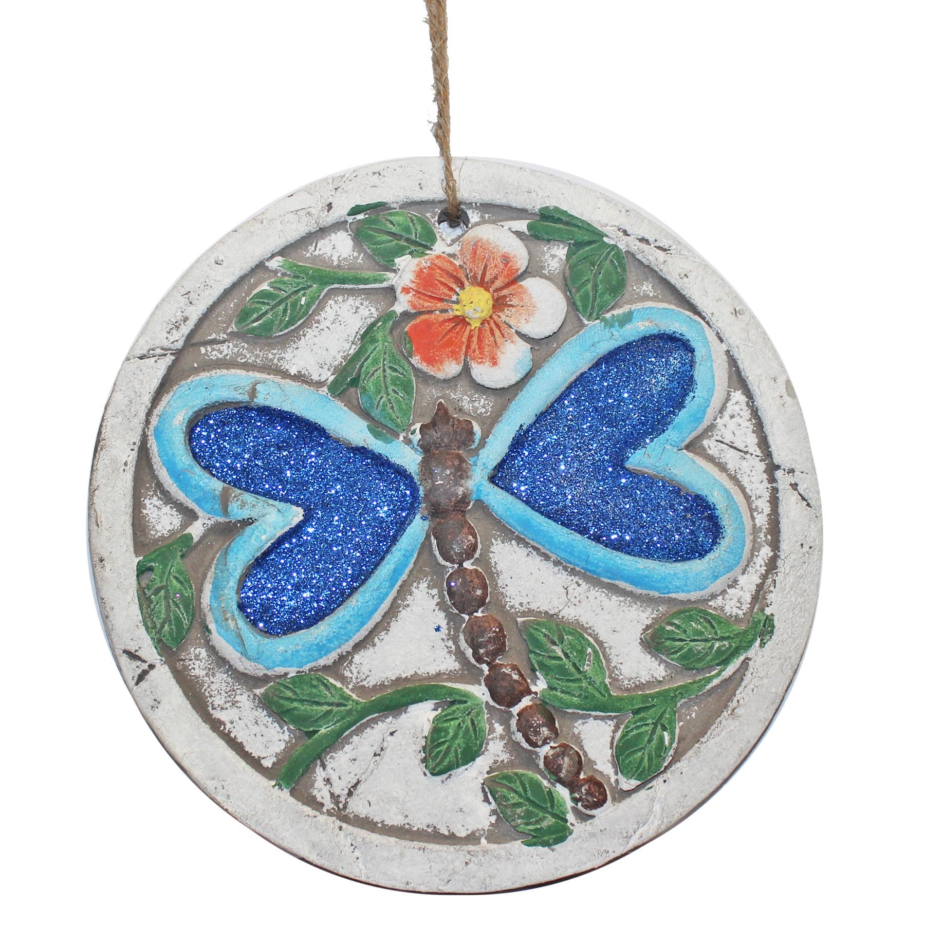 Garden Plaque Round 15cm Colourful and Glittered Stone Plaque/Ornament (Dragonfly)