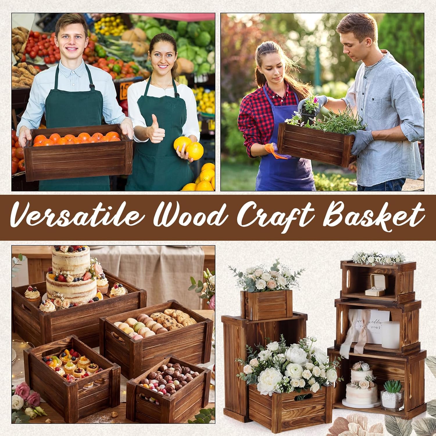 6 Pcs Decorative Wood Crates for Storage Display 6 Size Rustic Nesting Crates with Handle Farmhouse Wooden Container Boxes for Wedding Bride Shower Party Market Farmers Decor(Brown)