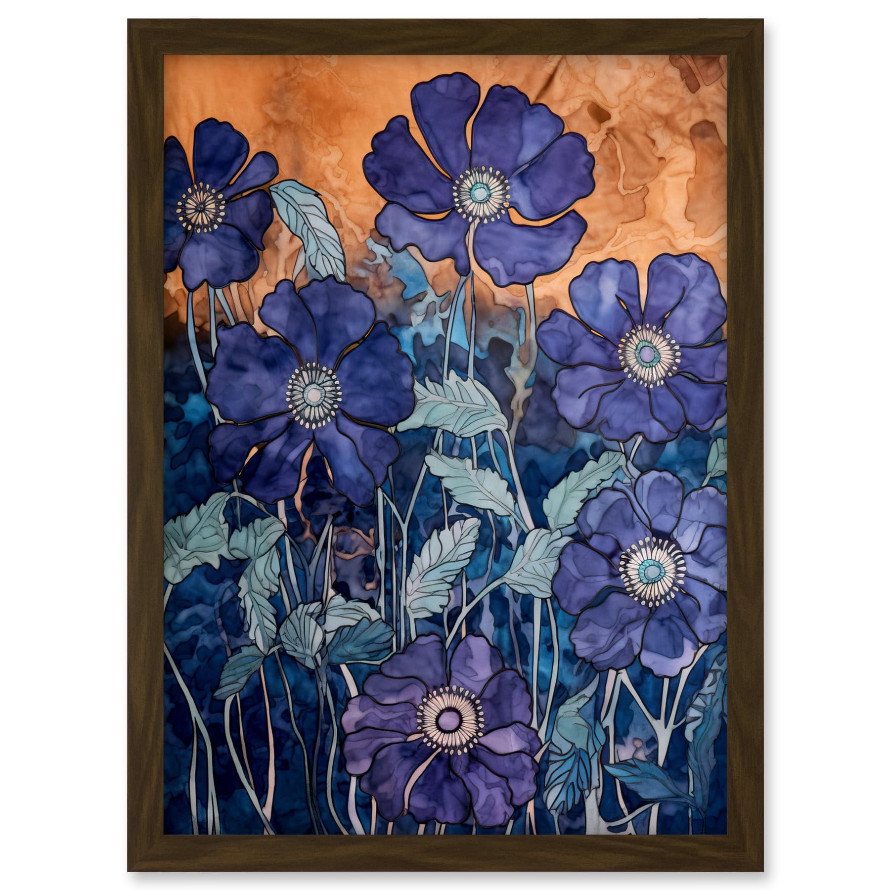 Artery8 Anemone Flower Blue and Amber Watercolour Painting Artwork Framed A3 Wall Art Print