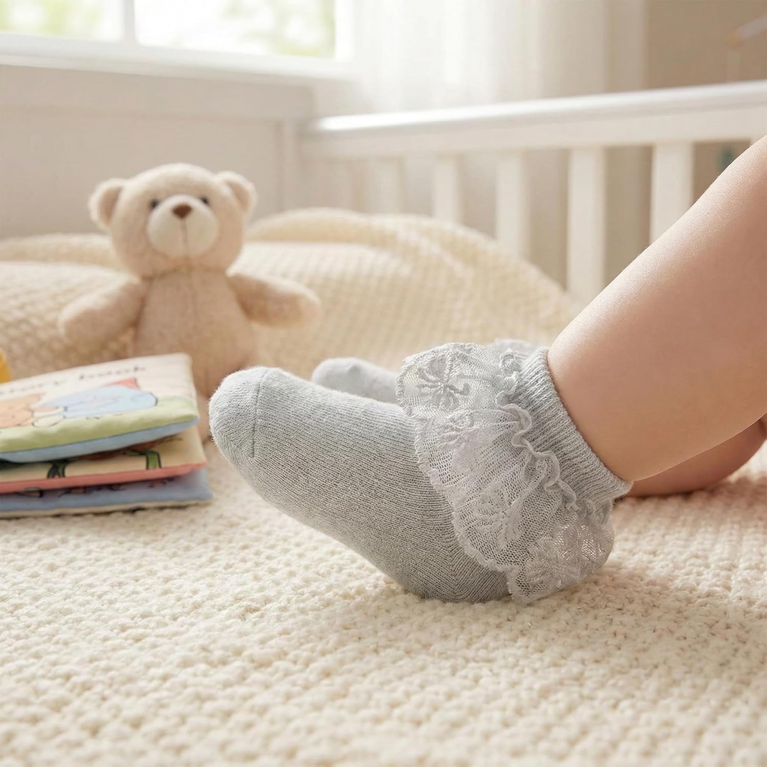 6 Pairs Baby Girls Socks - Newborn Ruffle Lace Princess Frilly Knit Cotton Socks - Image 2