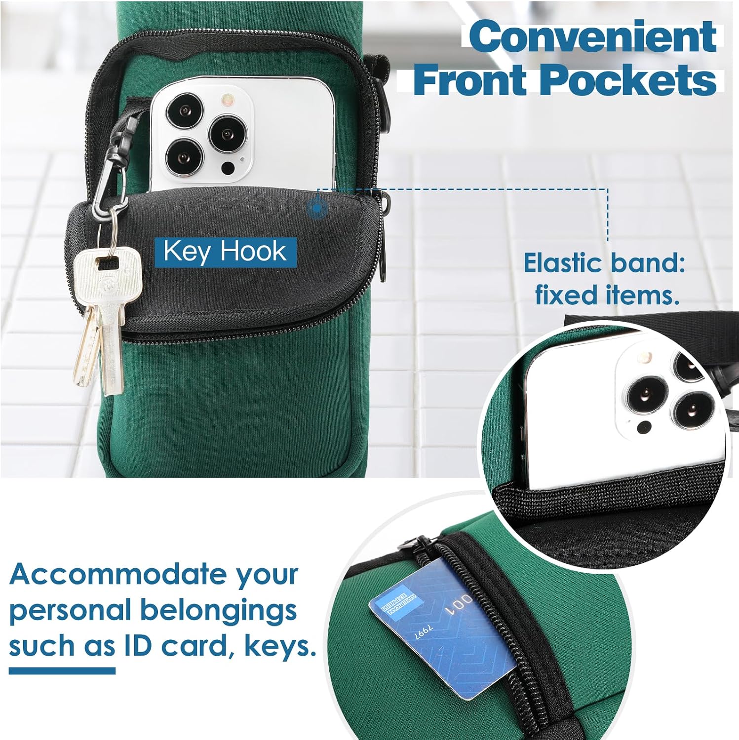 Nuovoware Water Bottle Carrier Bag, 40oz Bottle Pouch Holder, Adjustable Shoulder Hand Strap 2 Pocket Sling Neoprene Sleeve Sports Accessories for Hiking Travelling, Dark Green image 2