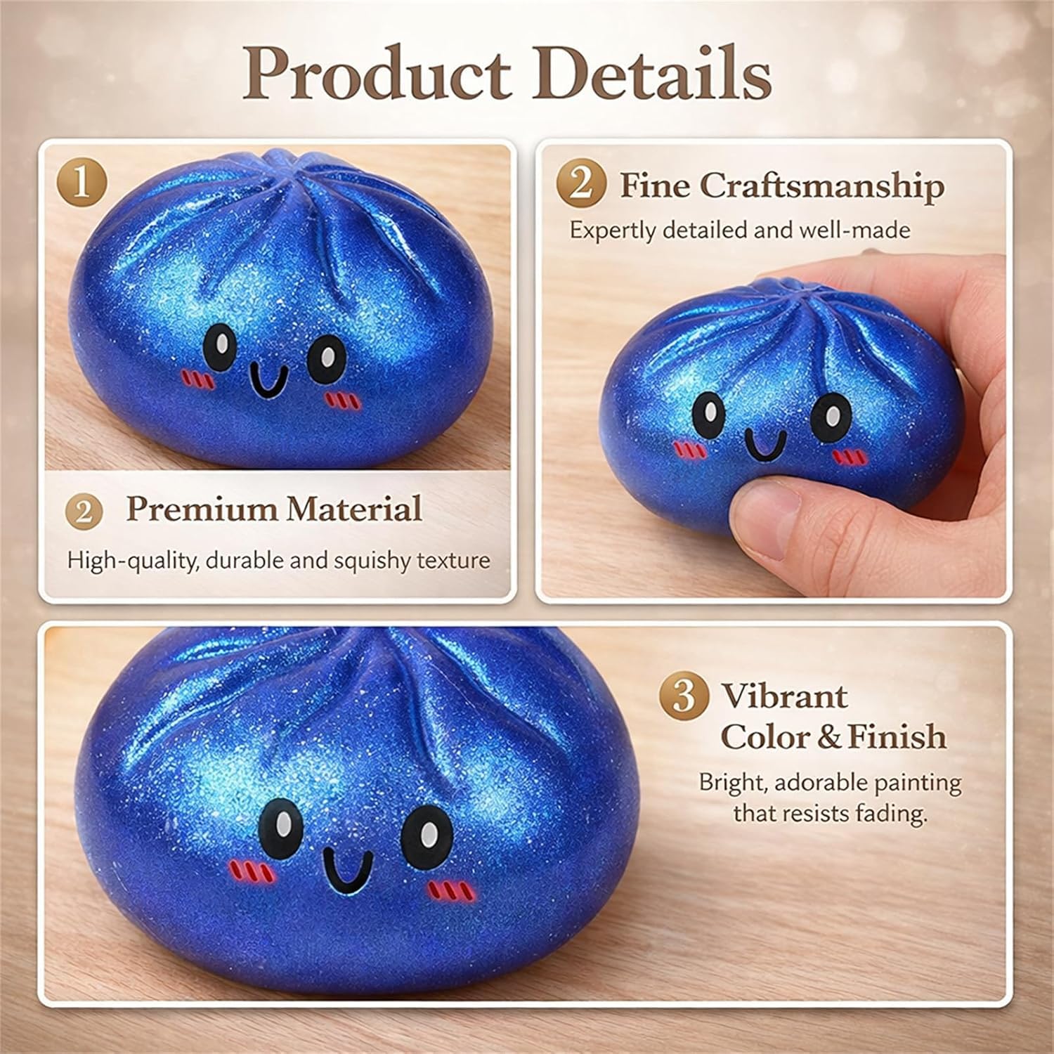 Glitter Dumpling Squishy, Colorful Dumpling Squishes Stress Balls with Steamer, Easter Gifts, Soft Squeeze Decompression Dough for Adults (Gold with Glitter) - 5