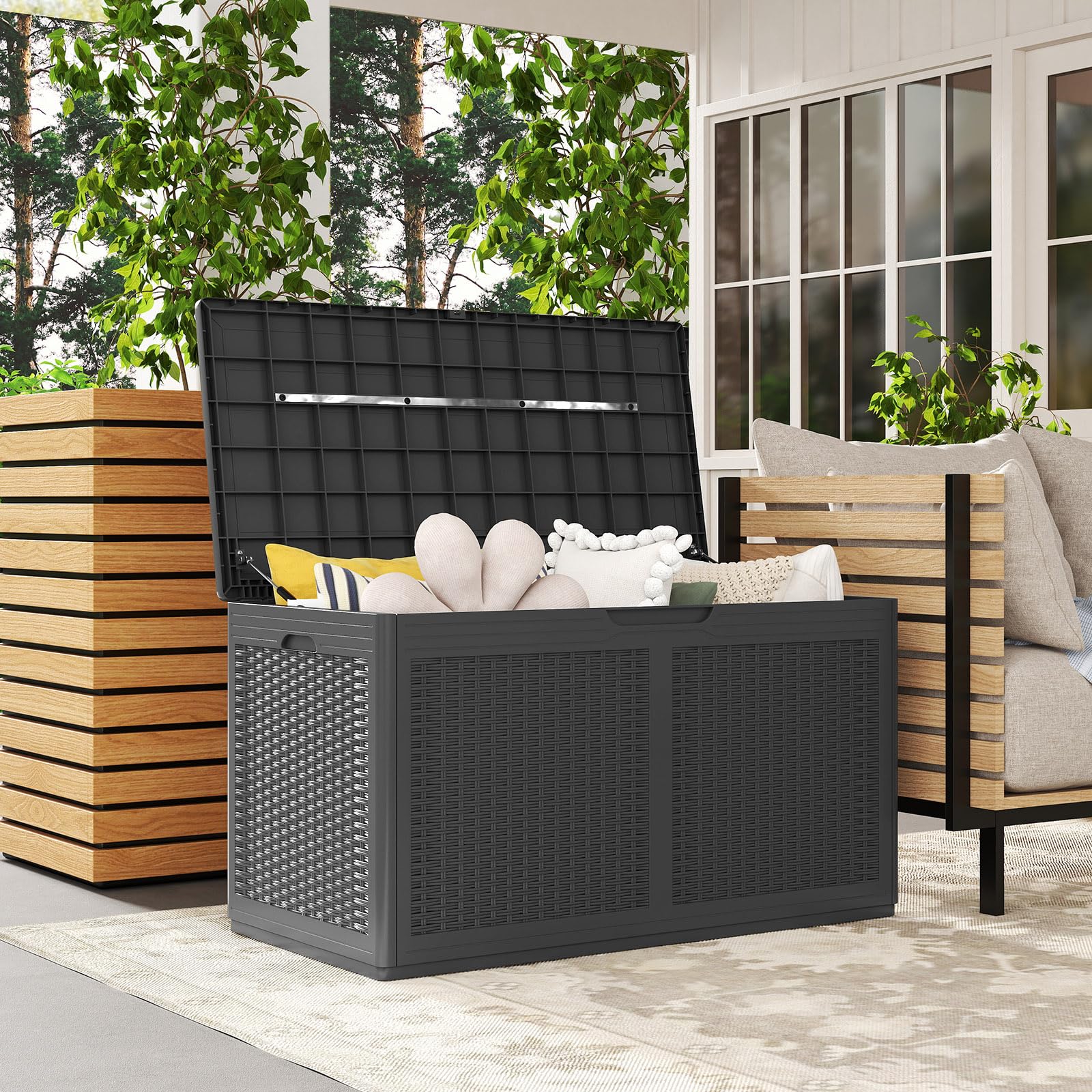 RELAX4LIFE 380L Cassapanca da Esterno, Contenitore da Patio Chiudibile a Chiave con 2 Ruote, Superficie in Finto Rattan, in Resina Impermeabile per Cuscini, Attrezzi (GRIGIO)