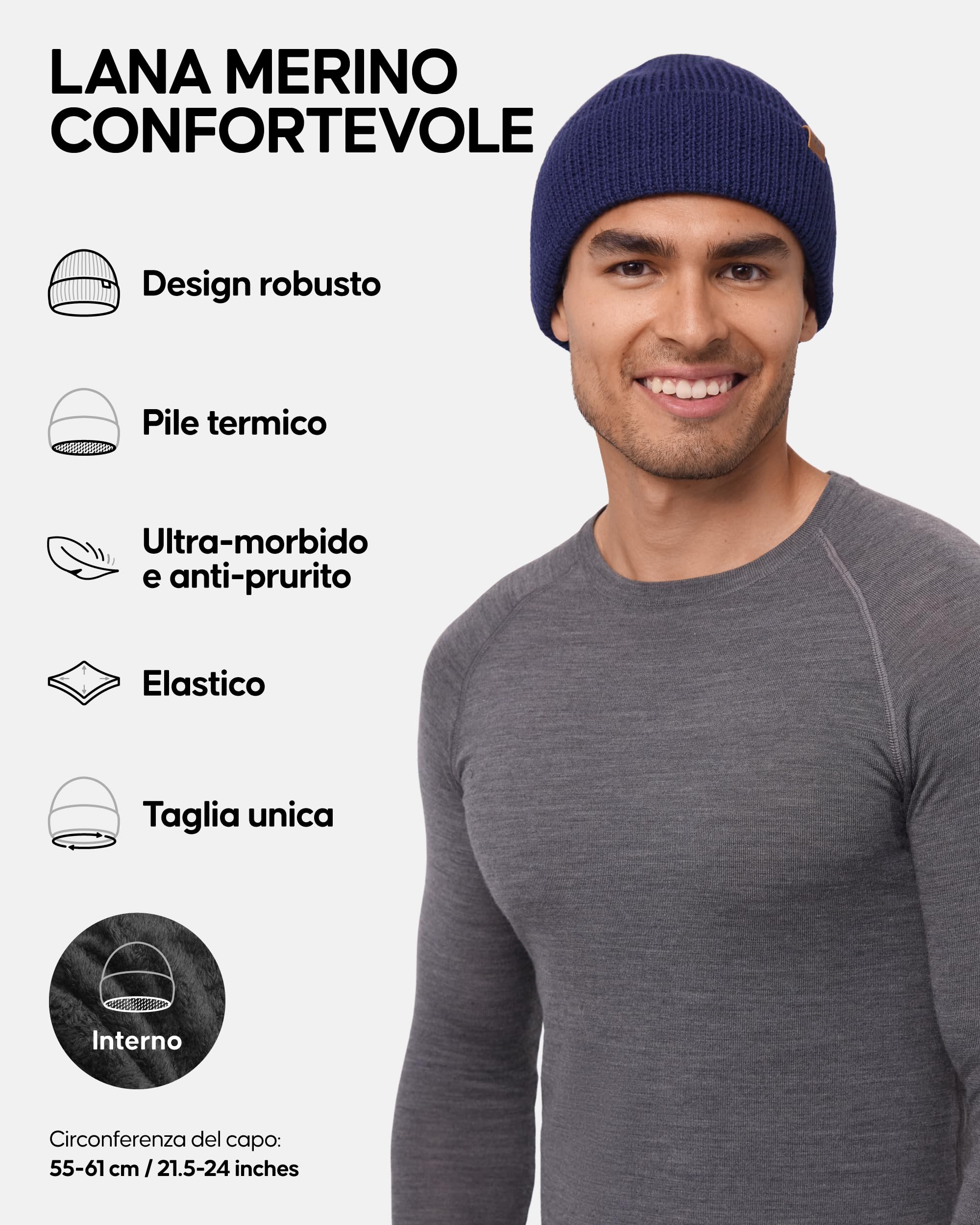 DANISH ENDURANCE Berretto Beanie in Lana Merino con Fodera in Pile, Berretto a Maglia, Berretto Invernale Uomo e Donna