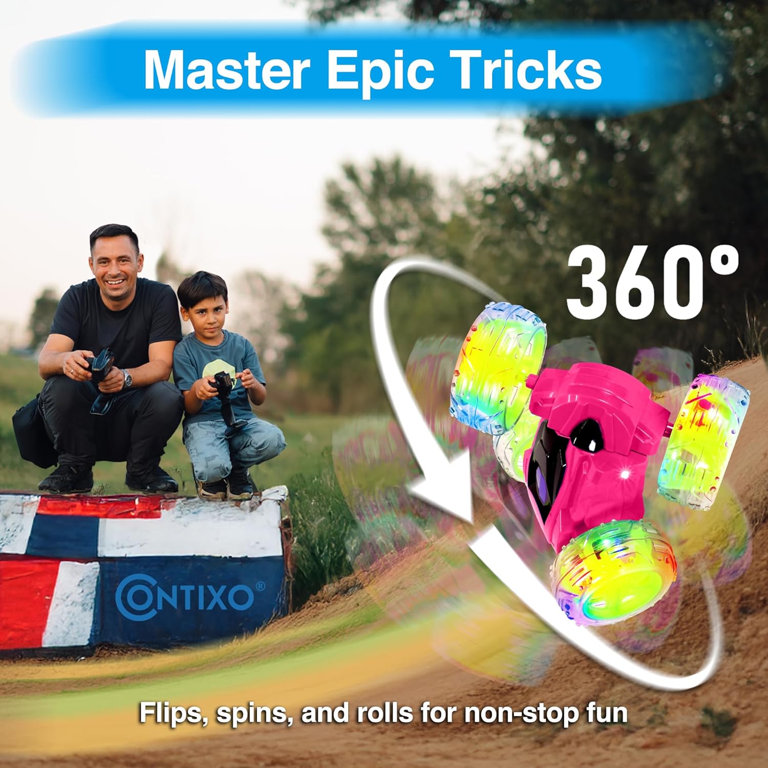 Contixo SC3 RC Stunt Car, Pink 2.4GHz 4WD Double-Sided 360° Rotating flip Racer Remote Control Toy Cars with LED Lights for Kids Girls Boys Age 4-12 Birthday Gift