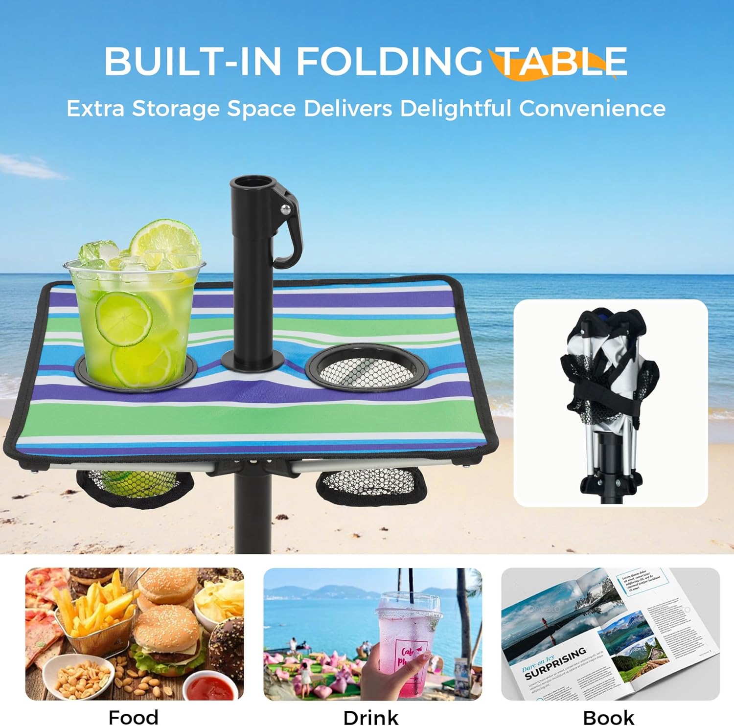 HOMEDEMO 7FT Beach Umbrella with Table & Anchor, Heavy Duty Windproof with UPF 50+ Sun Protection, Outdoor Umbrellas with Adjustable Aluminum Pole