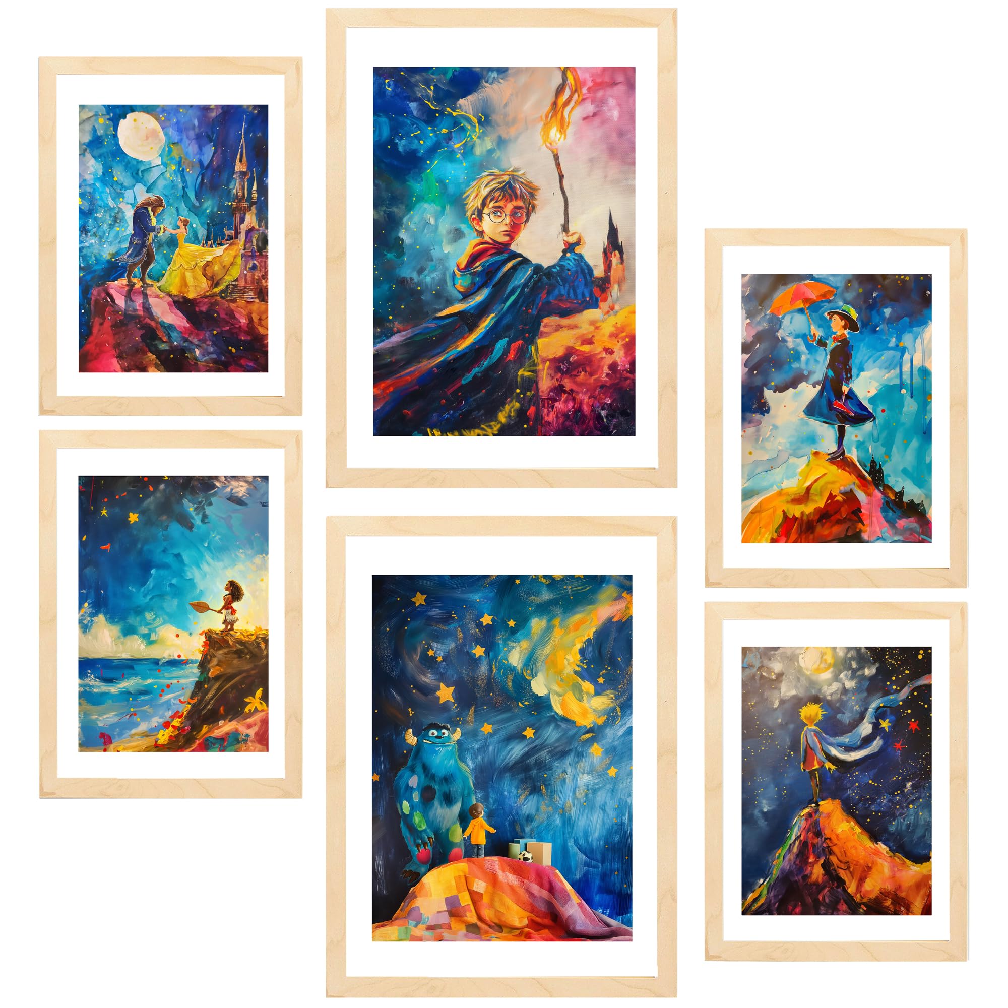 Nacnic Set da 6 Film per bambini Poster con cornice con illustrazioni di design per decorare le pareti di casa Stanza, ufficio A3 e A4 Struttura in legno chiaro