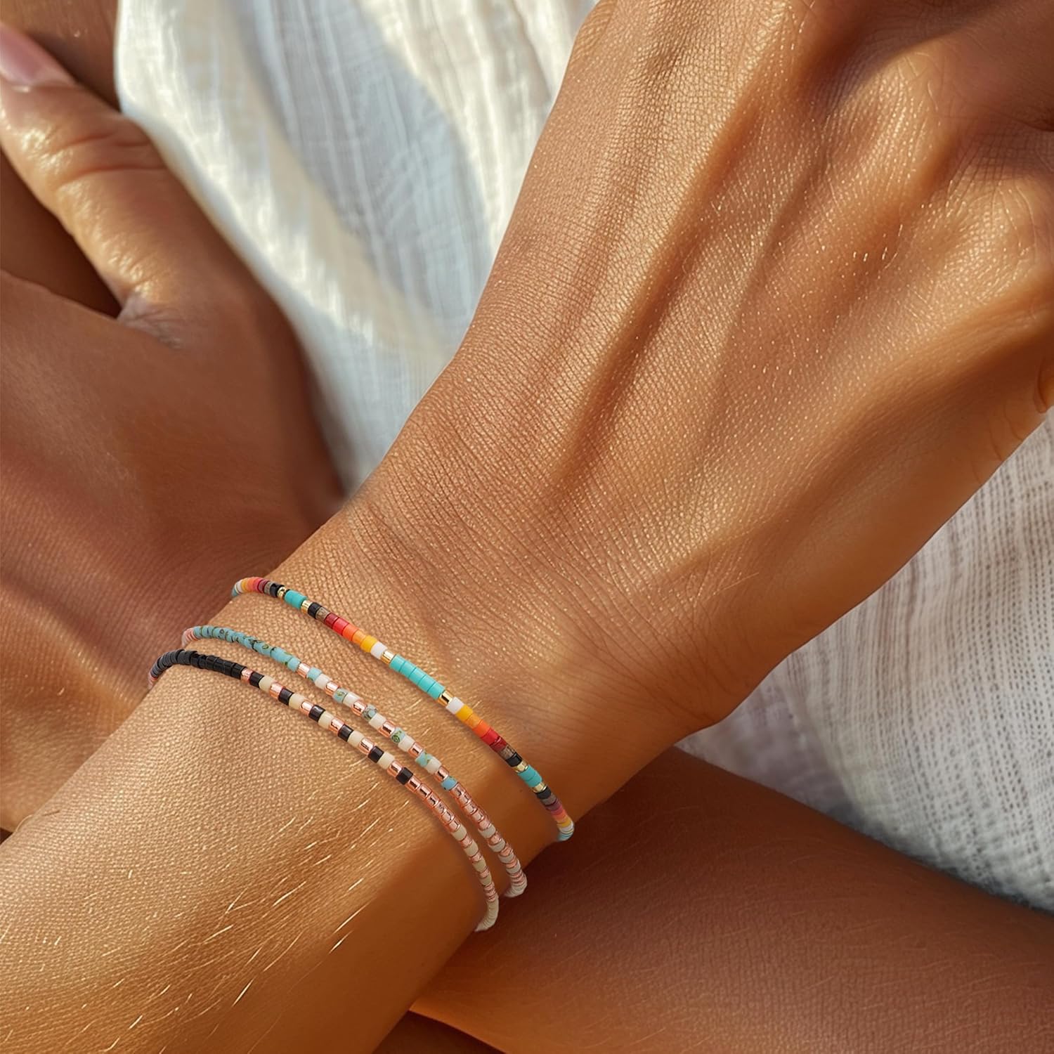 Seed Beaded Bracelets for Women, Boho Handmade Adjustable Colorful Beads Strand Summer Beach Jewelry Gift. - Image 2