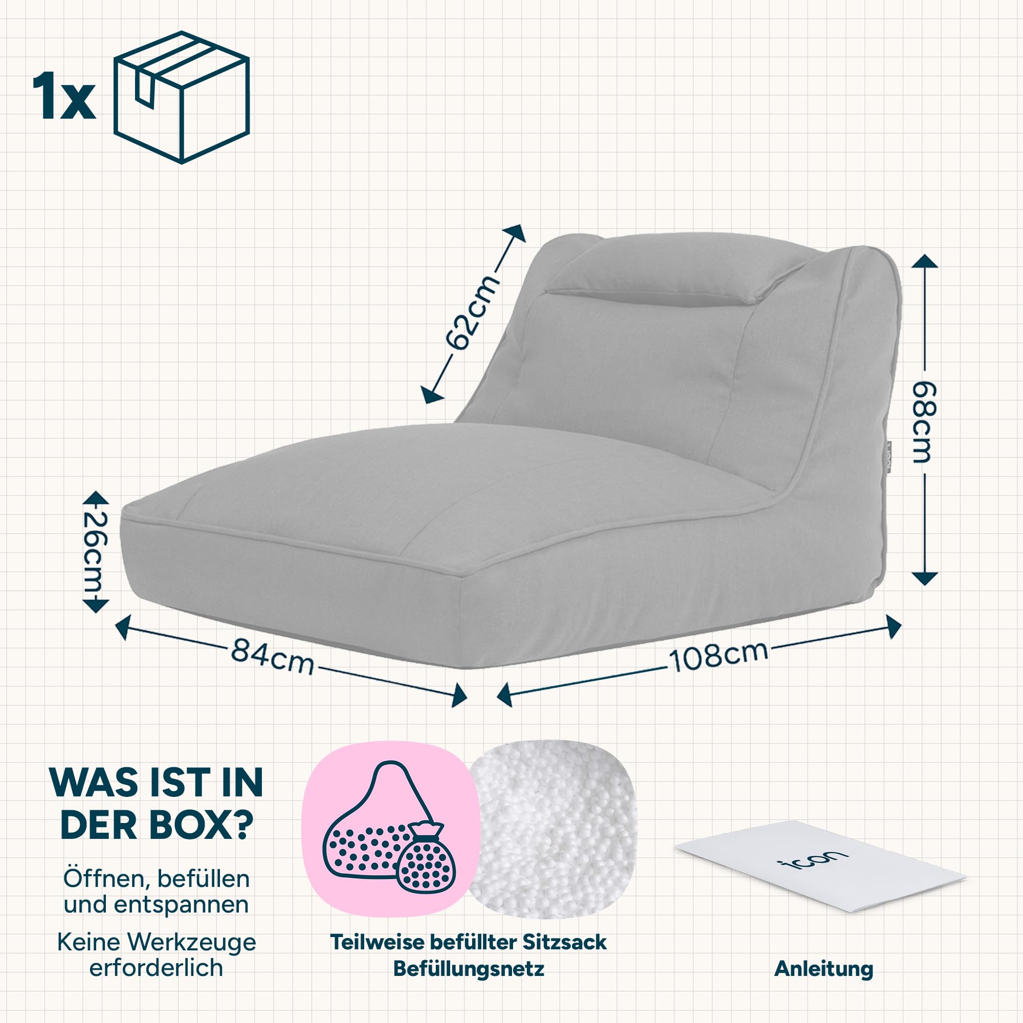 Icon Nova Outdoor Sitzsack Sessel für Erwachsene, Beige, Olefin Stoff für Drinnen und Draußen, Riesen Sitzsack mit Füllung, Bequemer Sessel, Garten, Terrasse, Lounge, Wohnzimmer